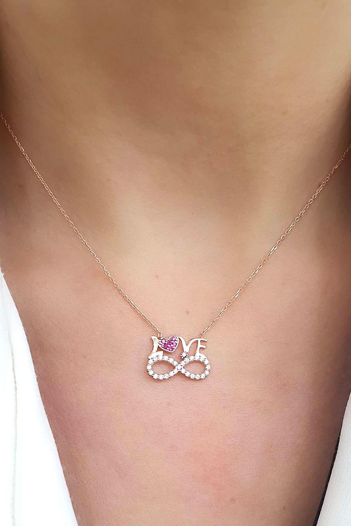 Love Yazılı 925ayar gümüş üzerine rose altın kaplama Sonsuzluk Aşk Kolyesi 