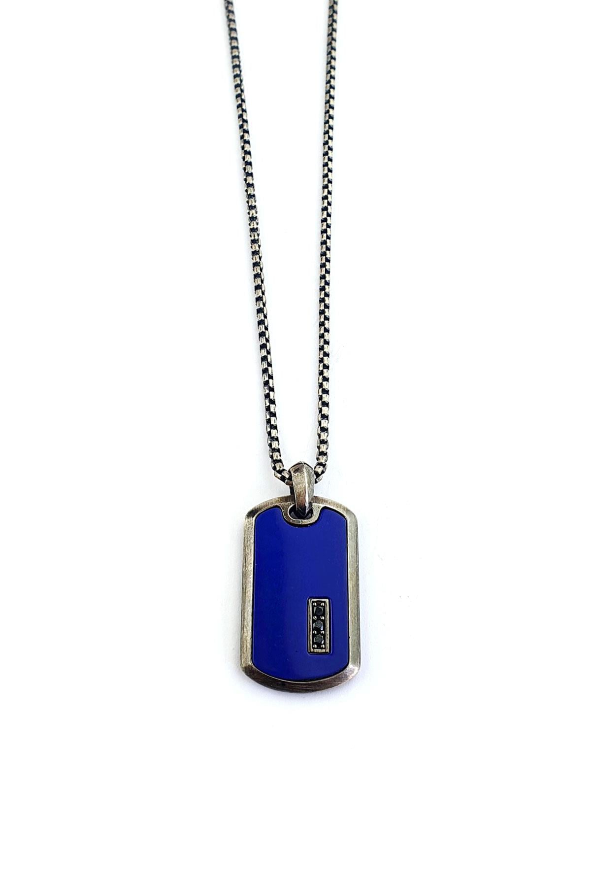 Masculine Trace Lapis Lazuli ve Oniks Taş detaylı 925ayar Gümüş Tasarım Erkek Kolye  