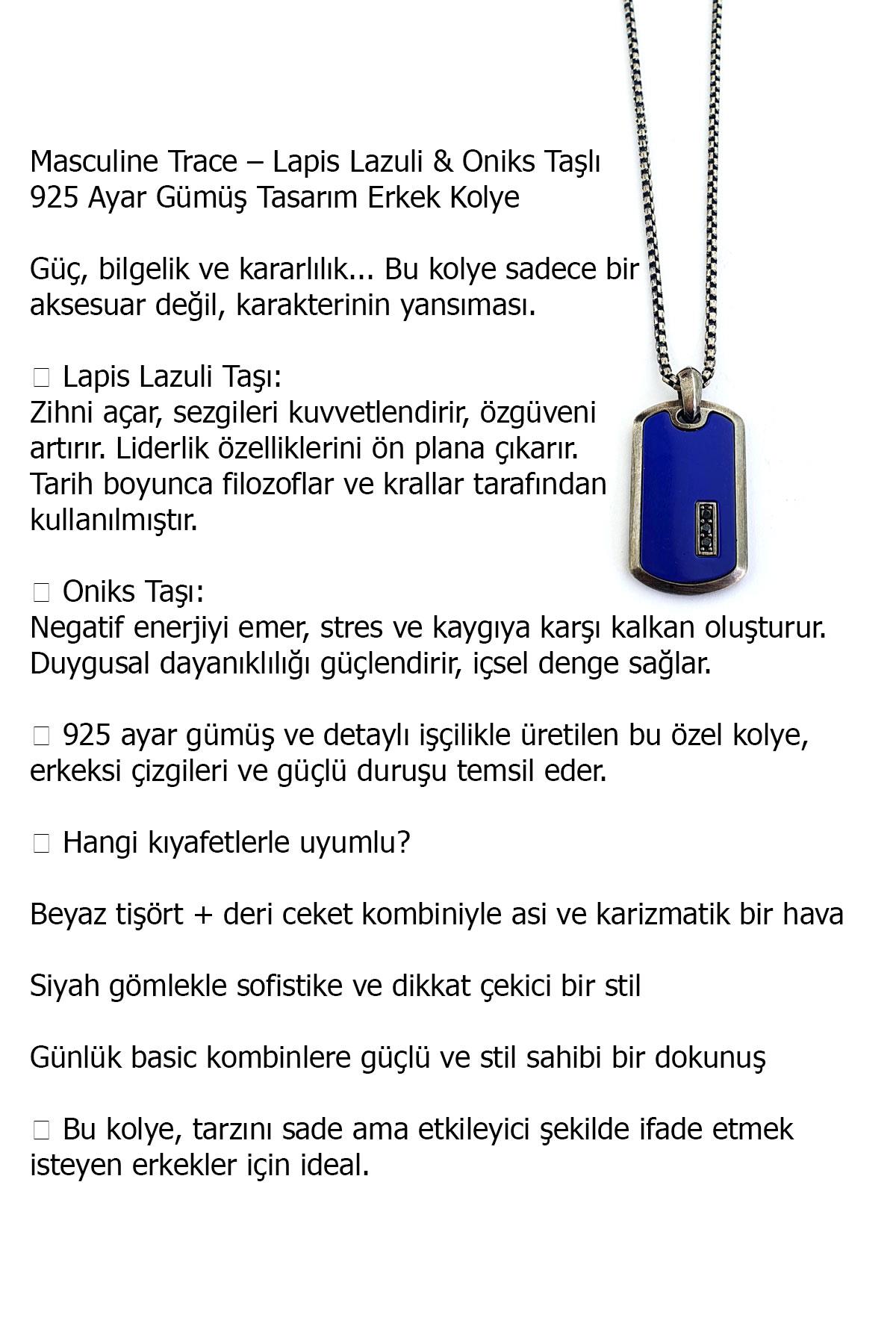 Masculine Trace Lapis Lazuli ve Oniks Taş detaylı 925ayar Gümüş Tasarım Erkek Kolye  