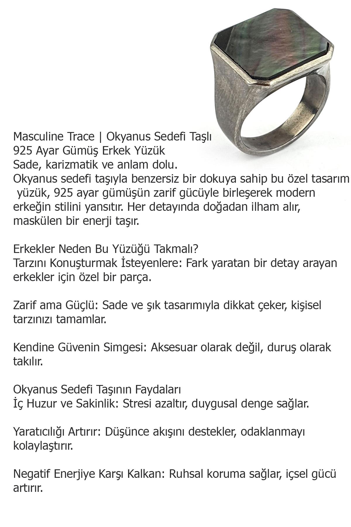 Masculine Trace Okyanus sedefi taşlı 925 ayar Gümüş Tasarım Erkek Yüzük 