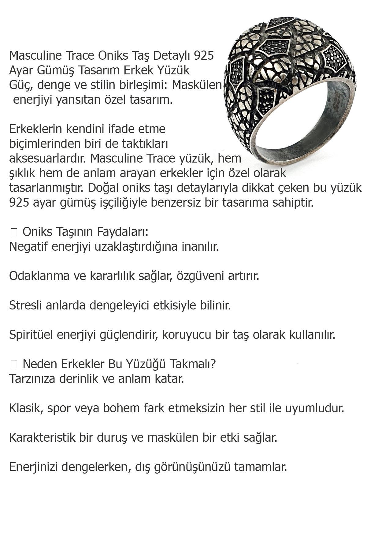 Masculine Trace Oniks Taş Detaylı 925ayar Gümüş Tasarım Erkek Yüzük 