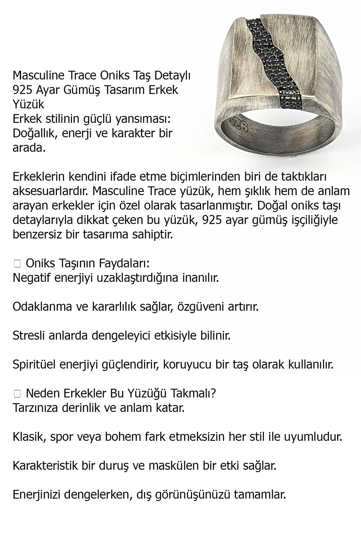 Masculine Trace Oniks Taş Detaylı 925ayar Gümüş Tasarım Erkek Yüzük 