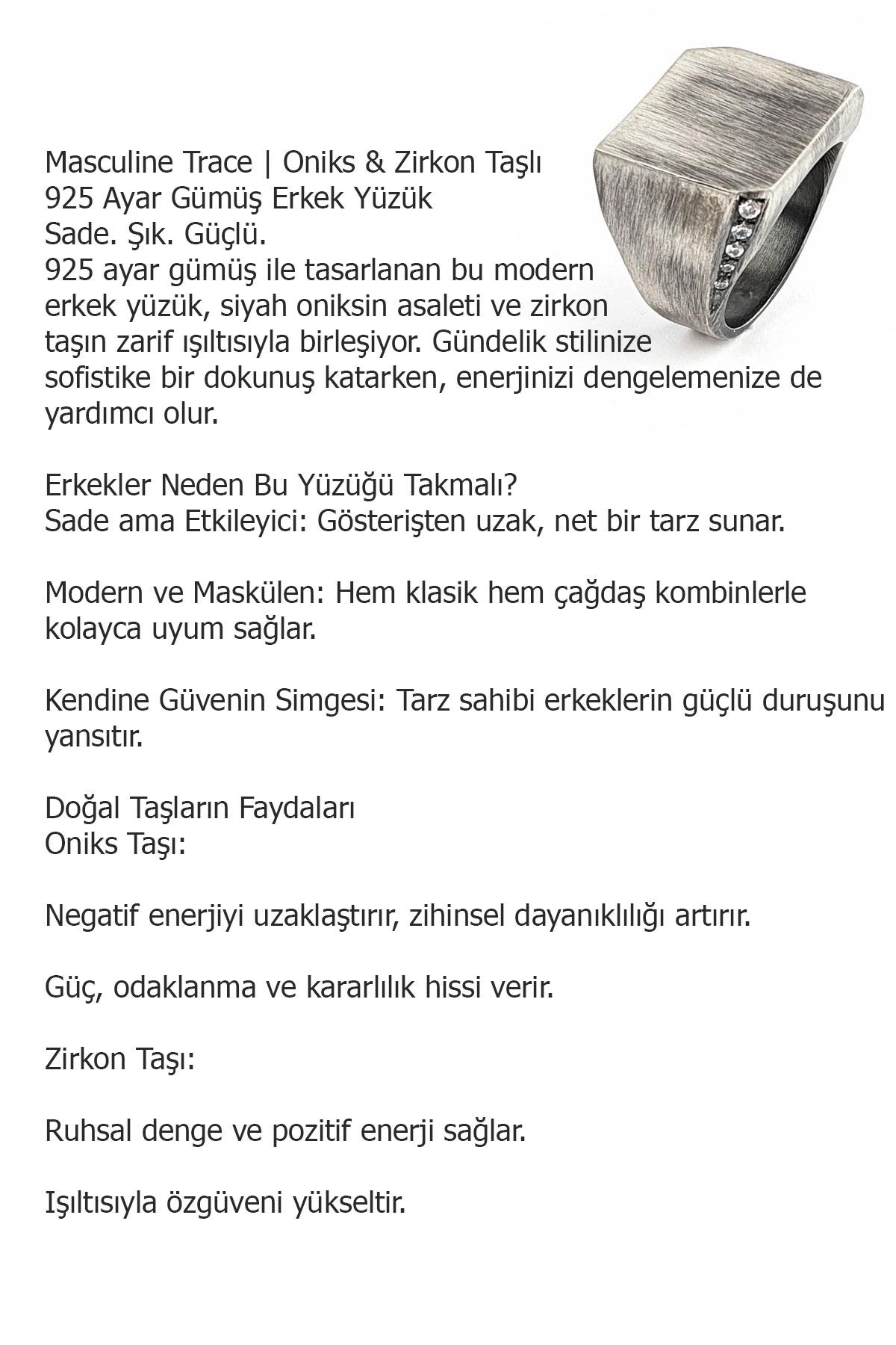 Masculine Trace Oniks ve Zirkon  Taşlı 925ayar Gümüş Tasarım Erkek Yüzük  