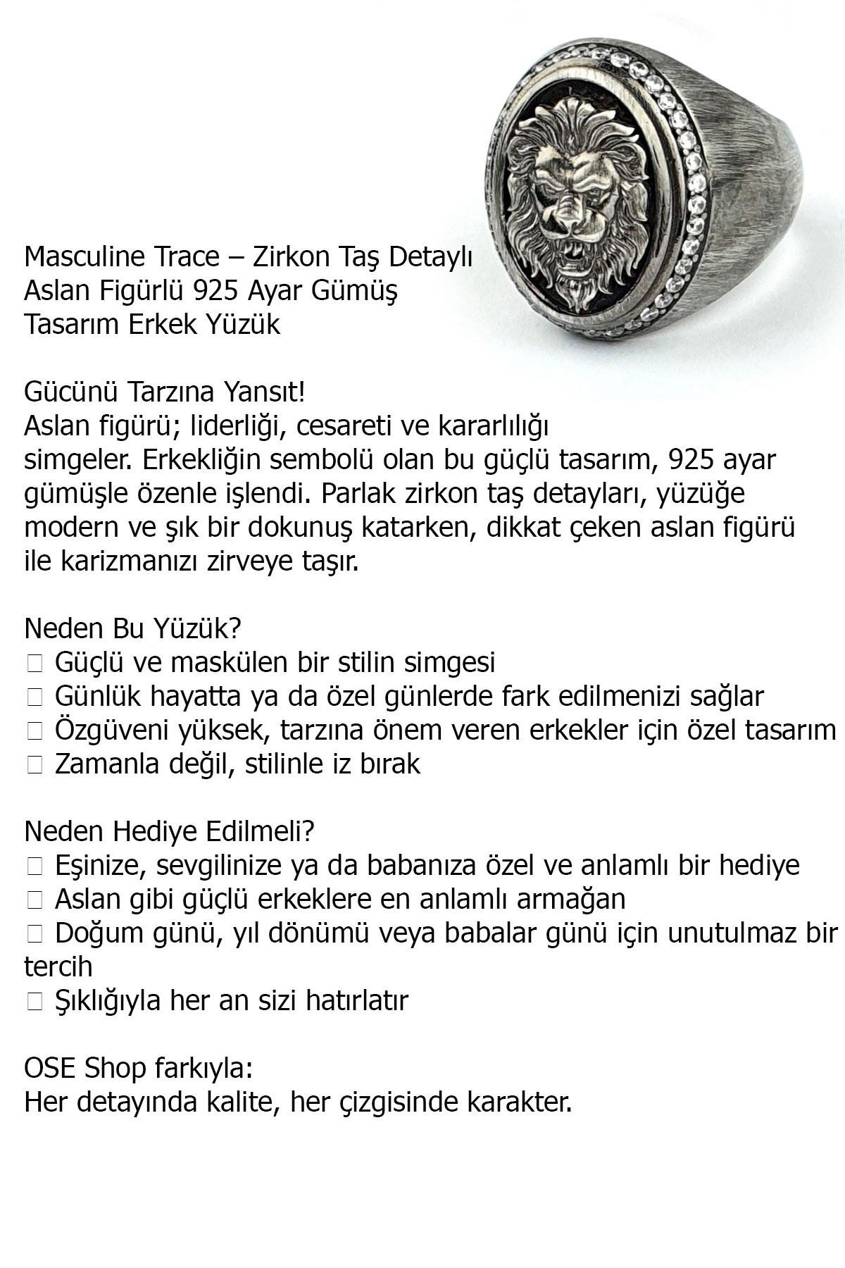 Masculine Trace Zirkon Taş Detaylı Aslan Figürlü 925ayar Gümüş Tasarım Erkek Yüzük  