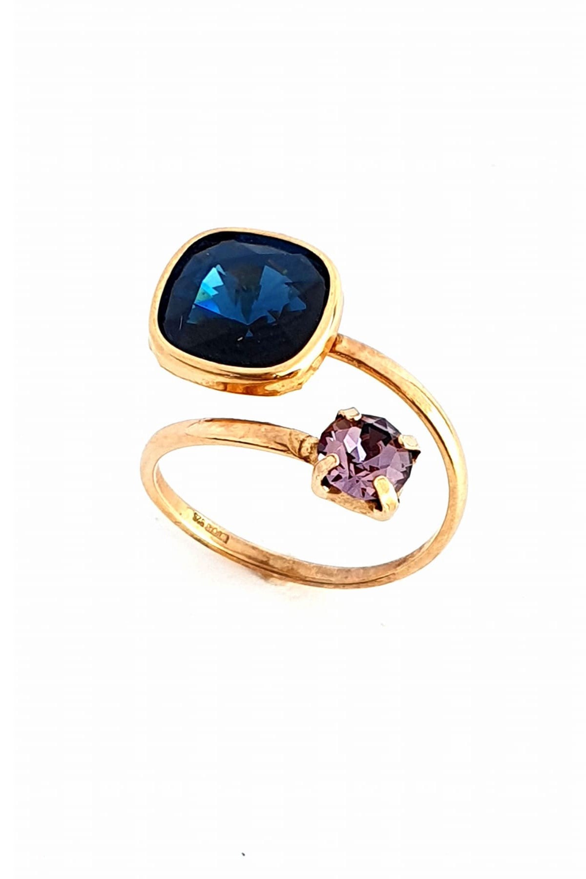 Mavi Mor Swarovski Taşlı 925ayar Gümüş Rose Ayarlanabilir Yüzük 