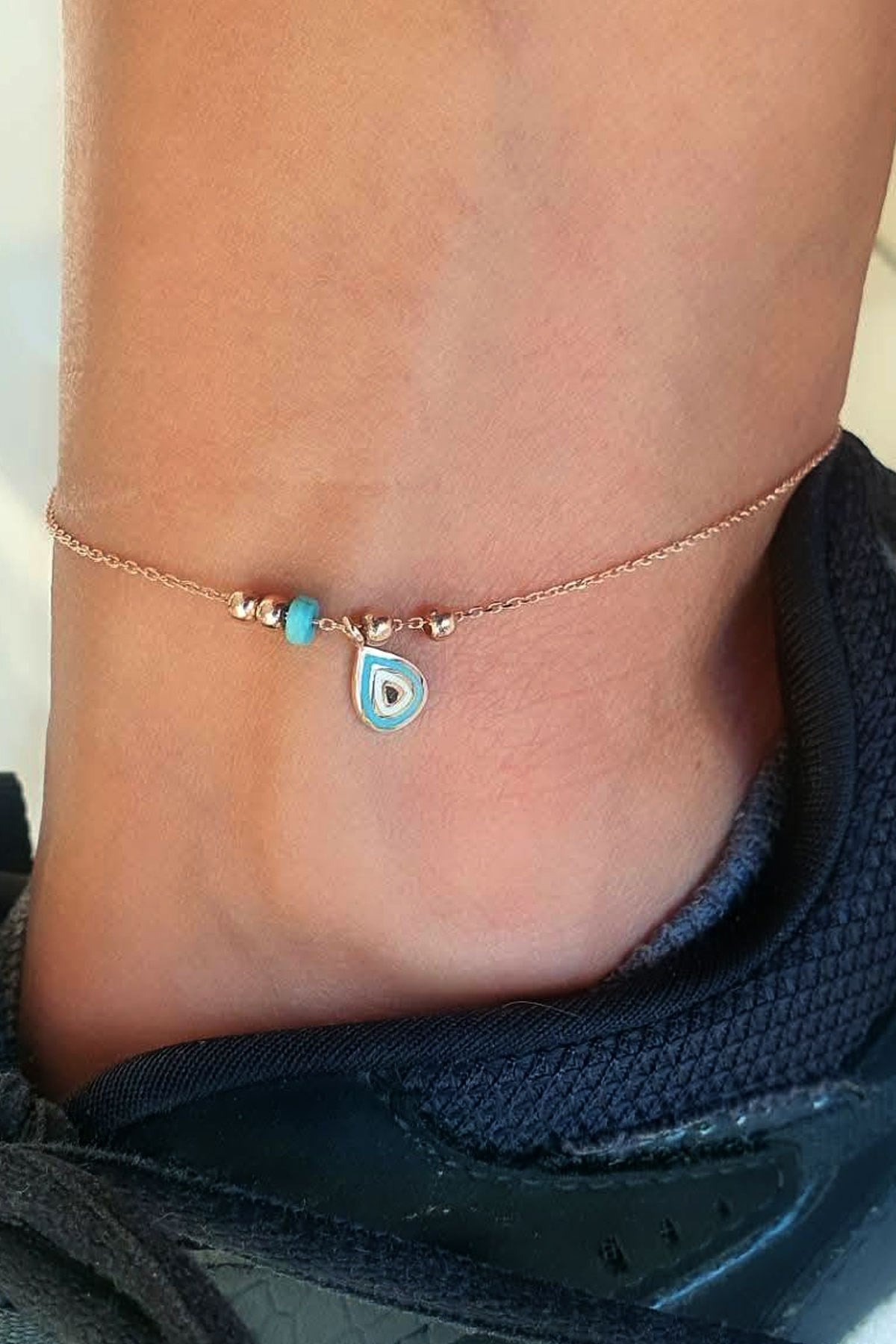 mineli 925 ayar Gümüş Üzerine Rose Altın Kaplama nazar boncuklu halhal 