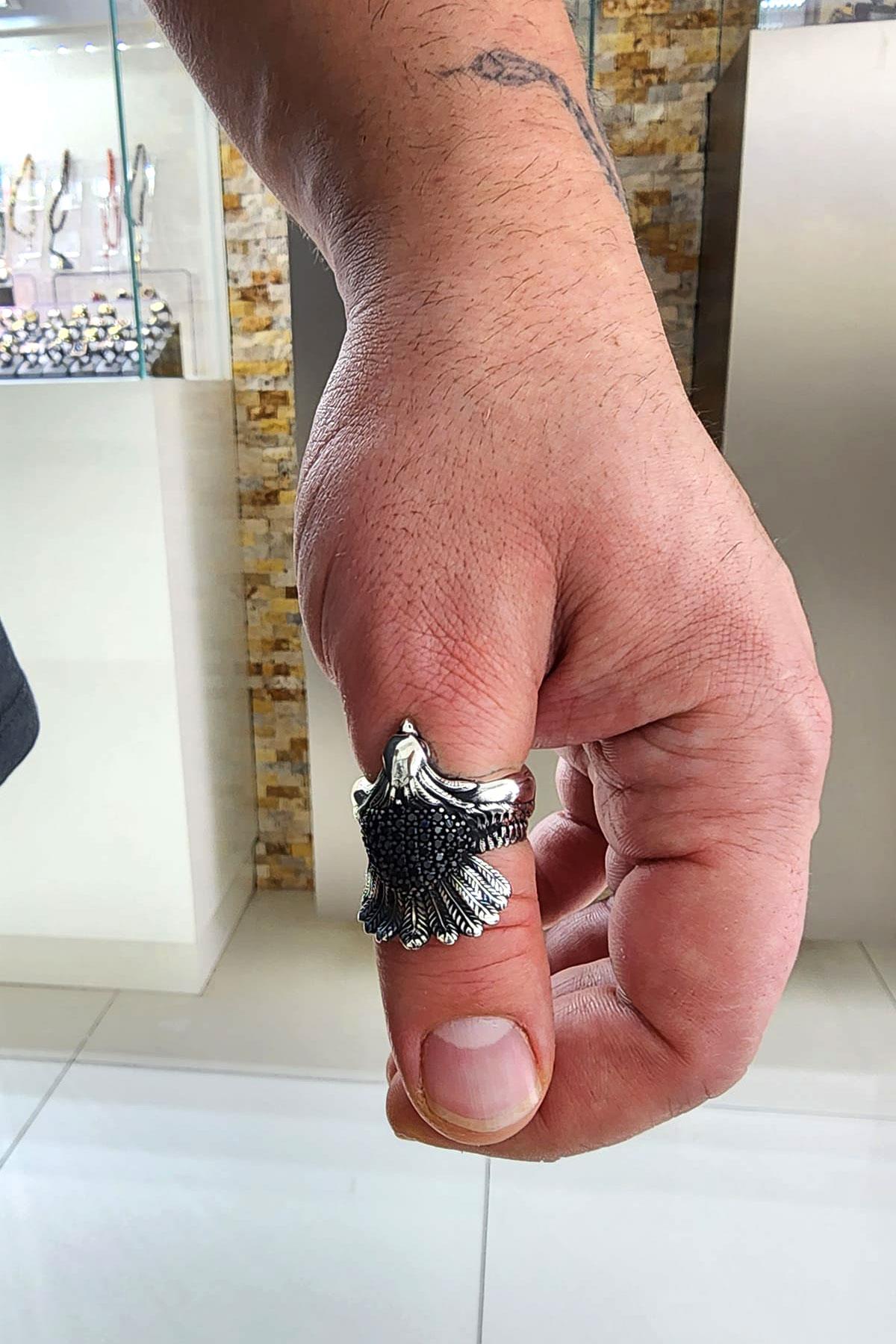 Oniks Taş Detaylı 925ayar Gümüş Ayarlanabilir Tasarım Kartal Yüzük 