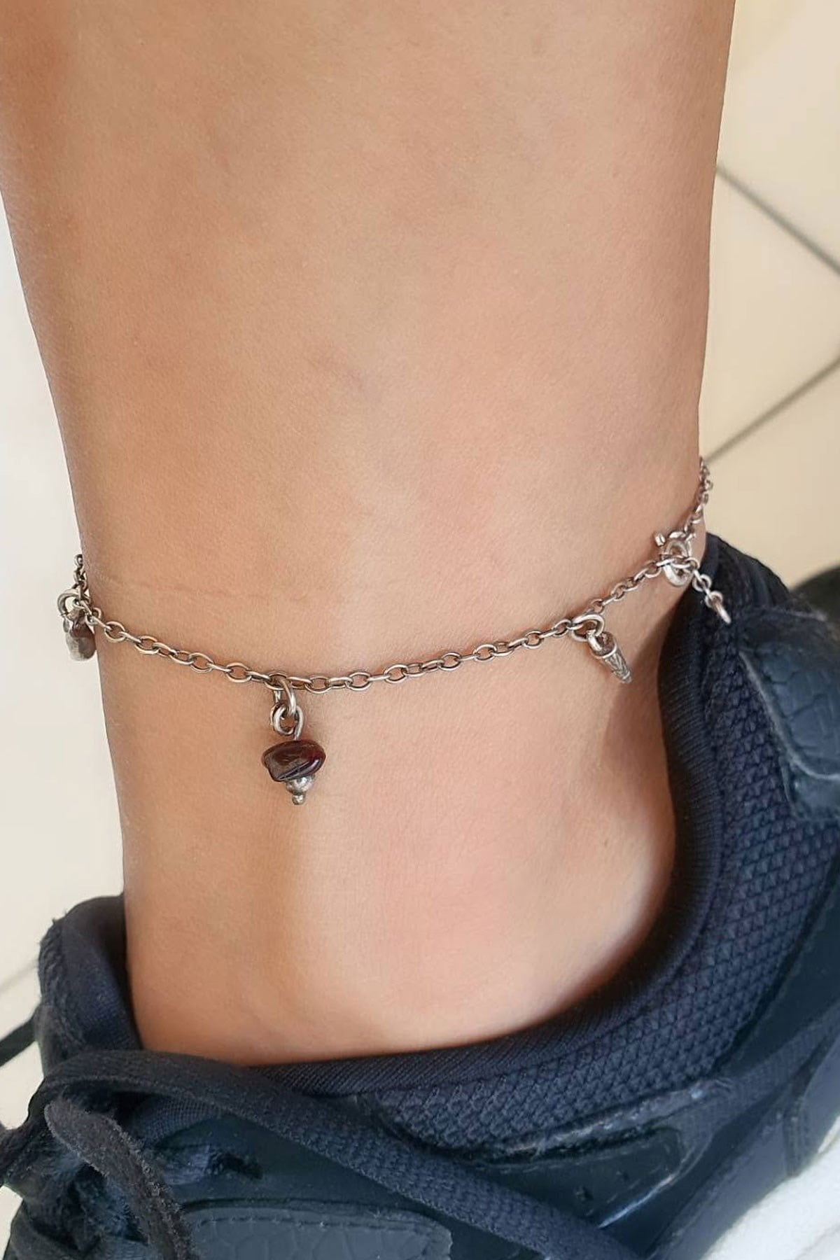 Oniks ve granat taşlı 925 ayar gümüş tasarım bohem Halhal 