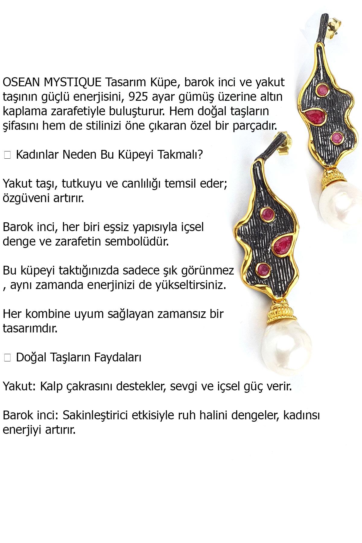 OSEAN MYSTIQUE Barok inci ve yakut taşlı 925ayar gümüş Üzerine altın kaplama Tasarım Küpe 