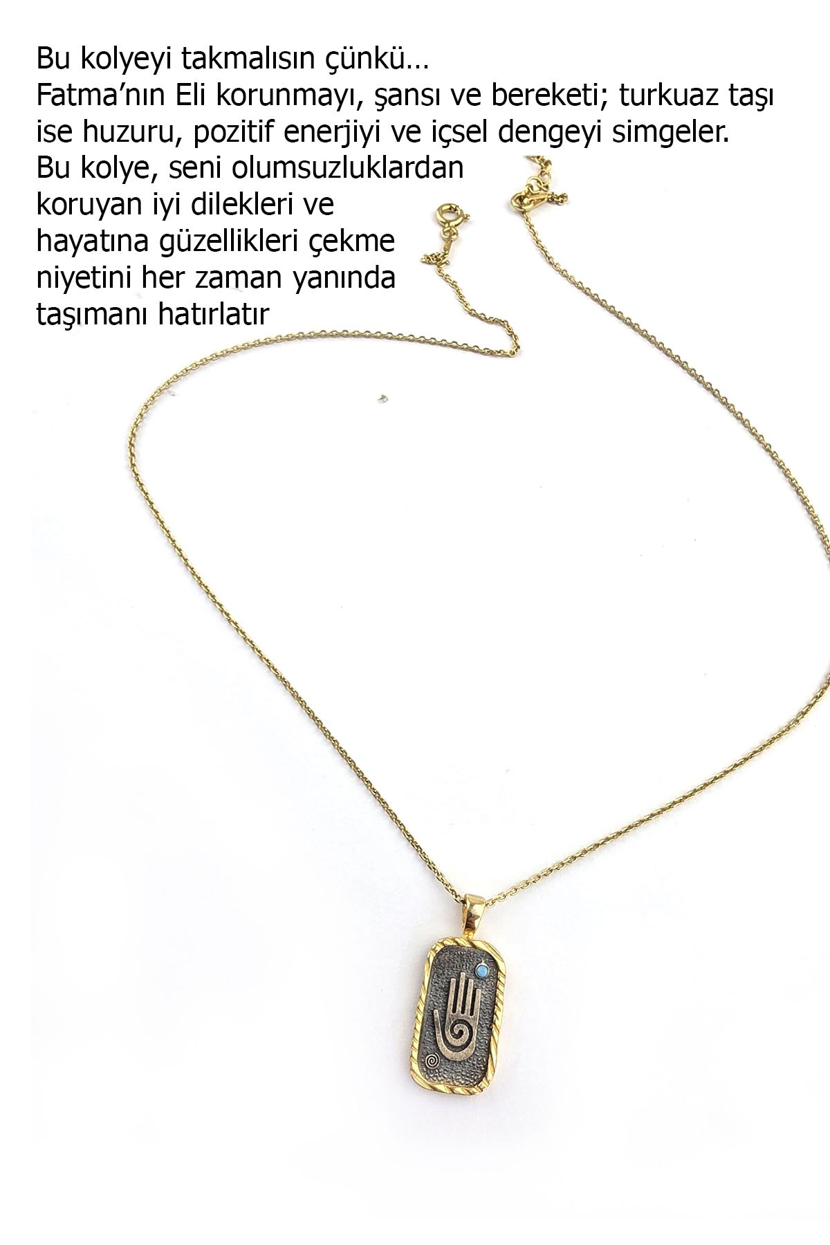 Osevia 925 ayar Gümüş Üzerine Altın Kaplama Tasarım turkuaz taş detayli fatmanin eli figürlü kolye 