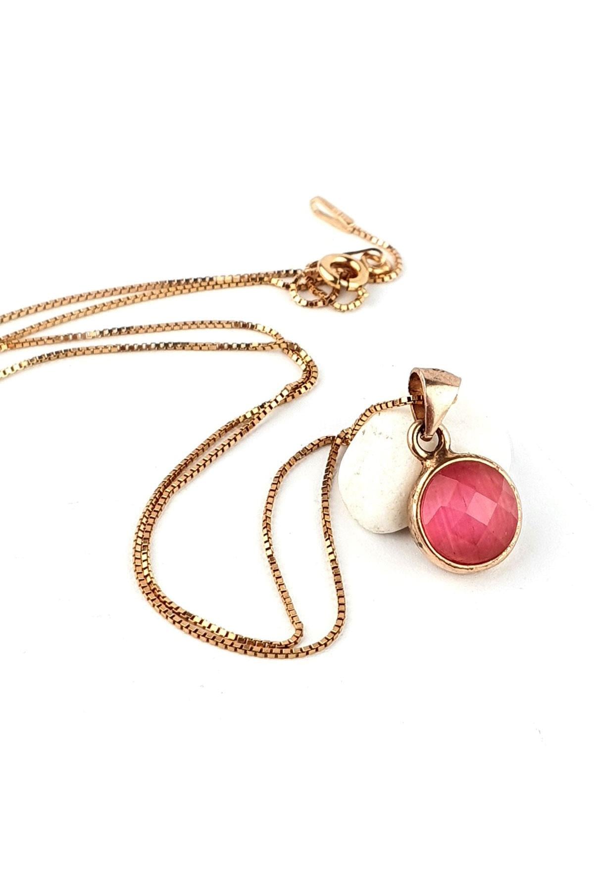 Pembe kedi gözü taşlı 925ayar gümüş üzerine rose altın kaplama trend kolye
