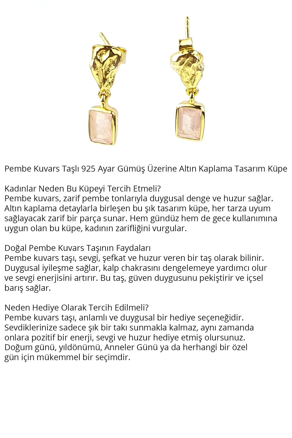 Pembe kuvars taşlı 925ayar gümüş üzerine altın kaplama tasarım küpe
