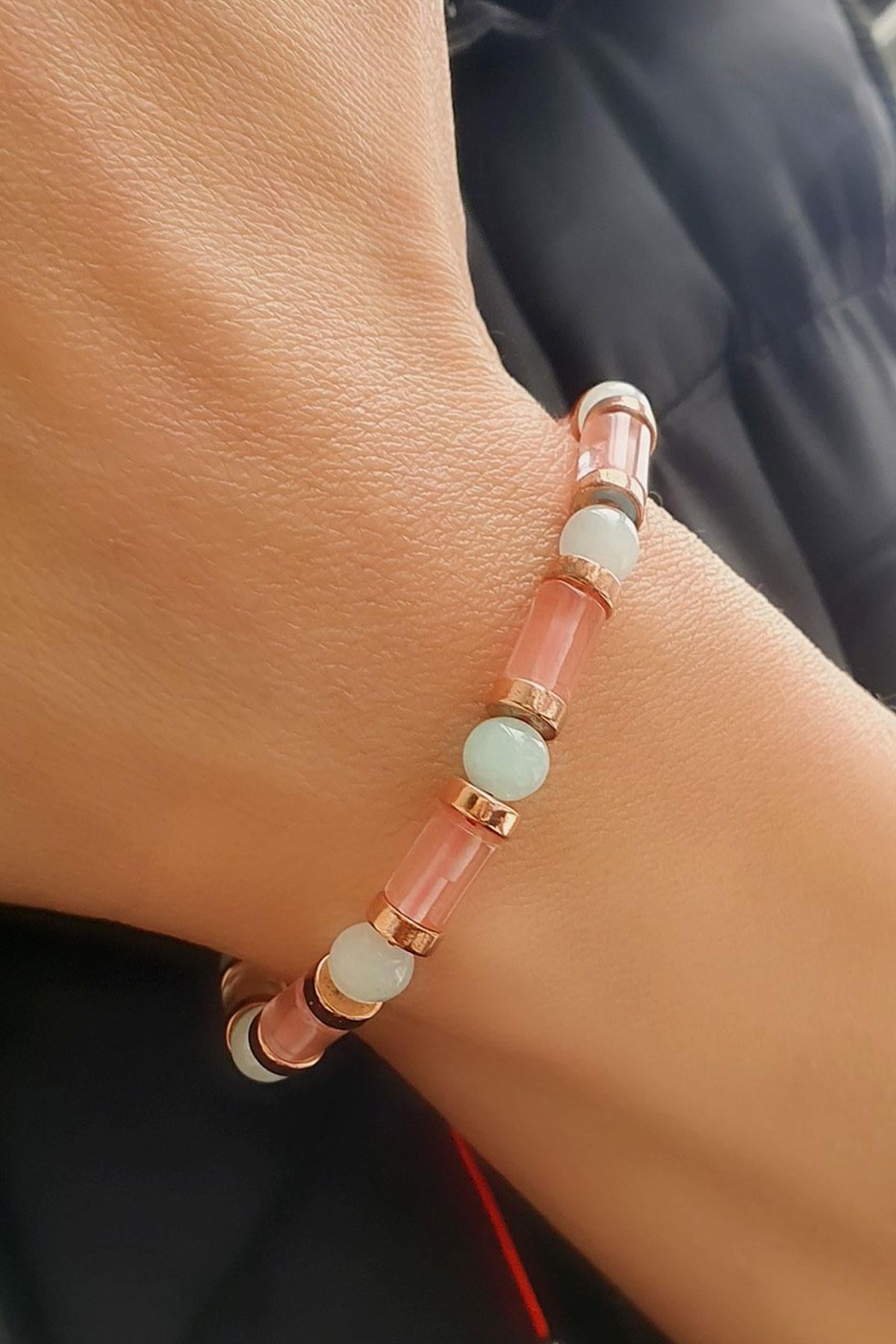 Pembe kuvars ve Aquamarin Taşlı Doğal Taş Bileklik 
