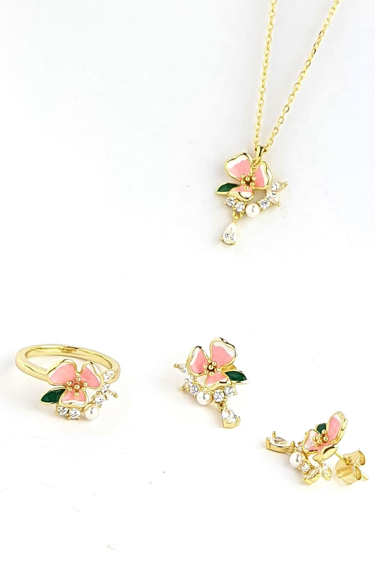 Pembe mineli Zirkon Taş Detaylı Tasarım 925ayar Gümüş Set Takım