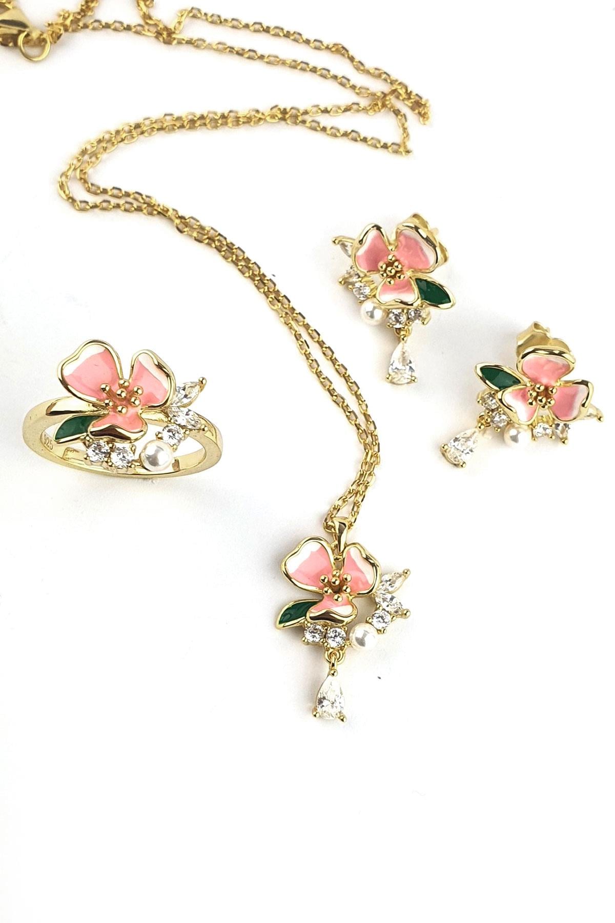 Pembe mineli Zirkon Taş Detaylı Tasarım 925ayar Gümüş Set Takım