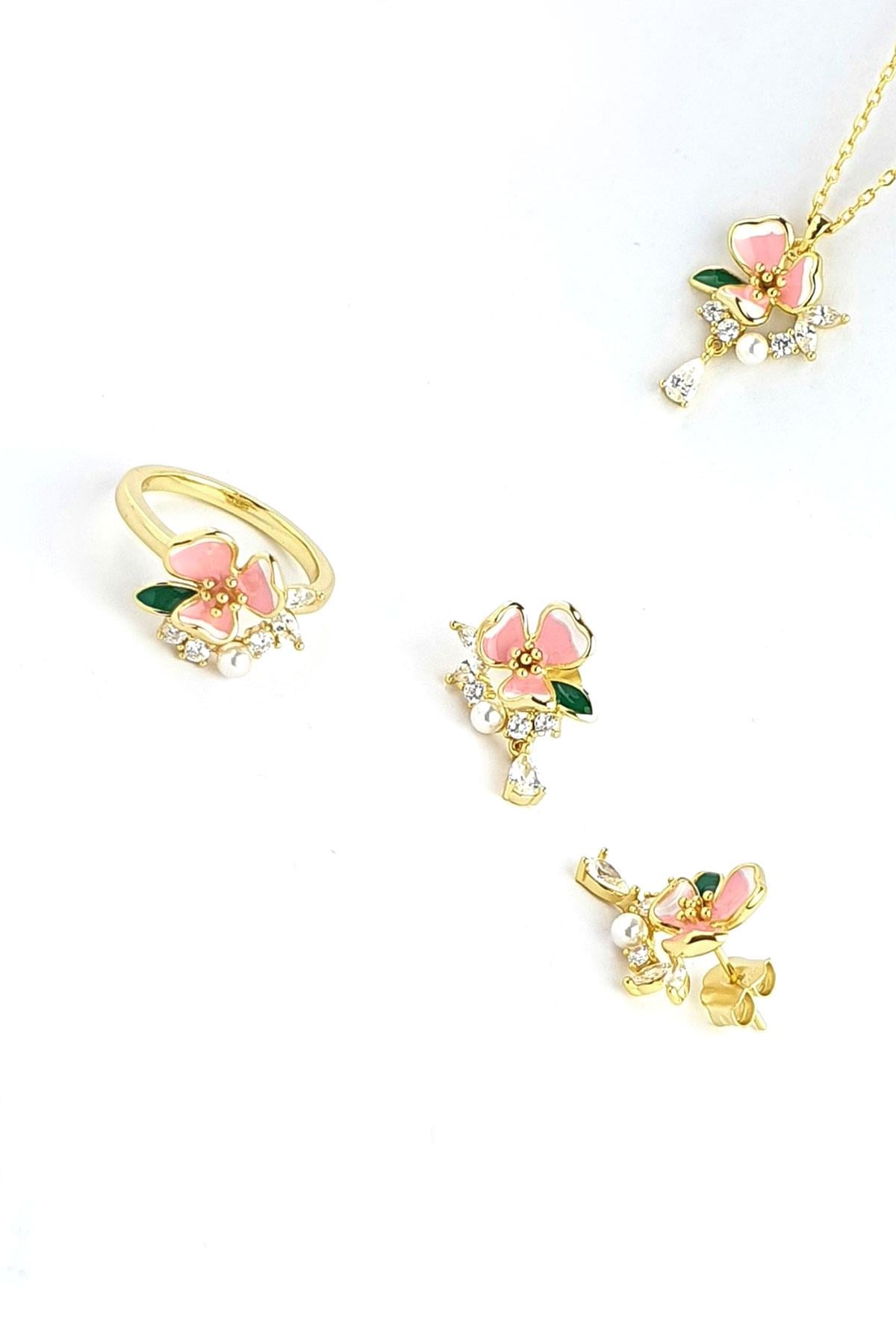 Pembe mineli Zirkon Taş Detaylı Tasarım 925ayar Gümüş Set Takım