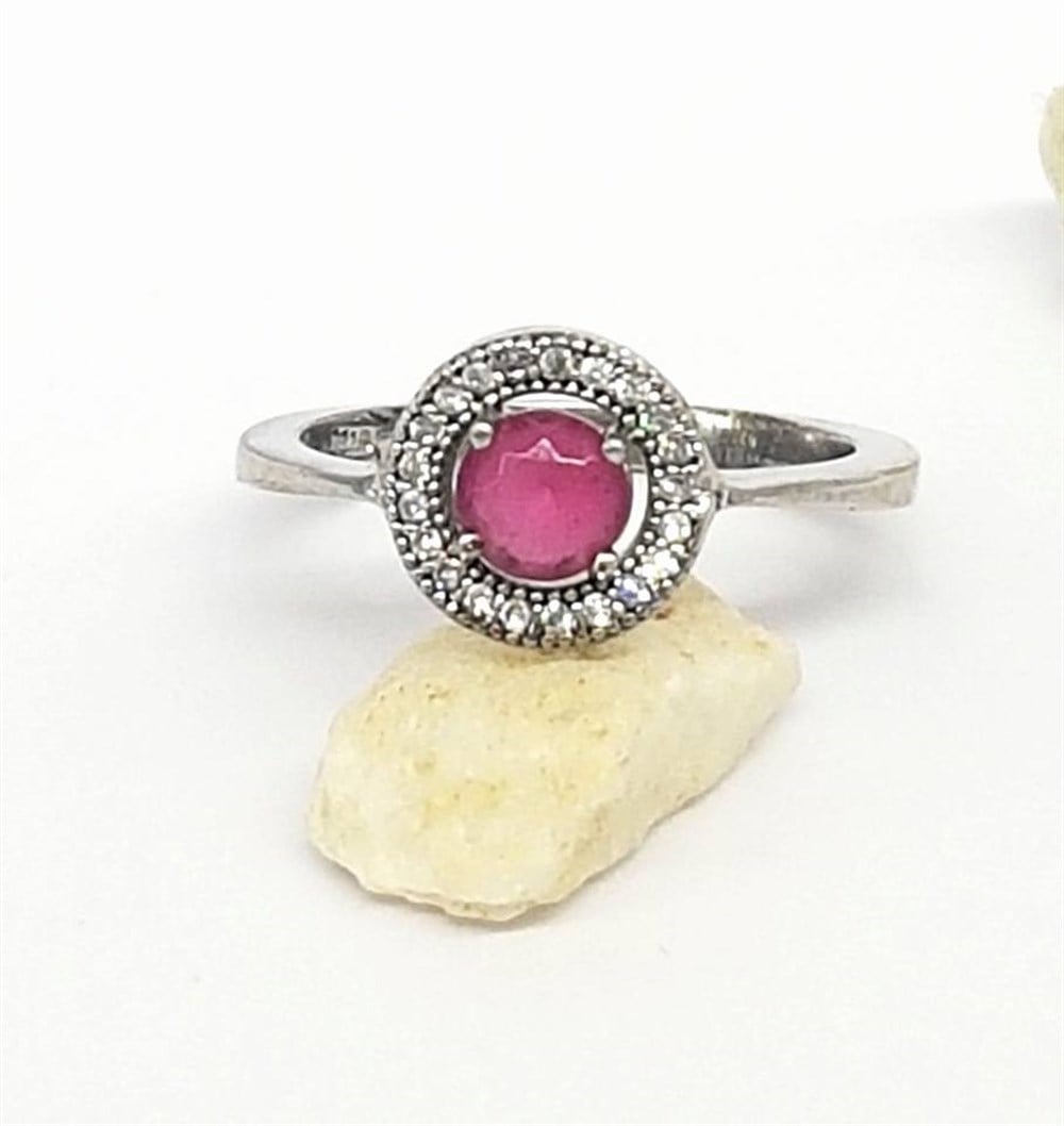 Pembe Taşlı Gümüş Çıtır Yüzük