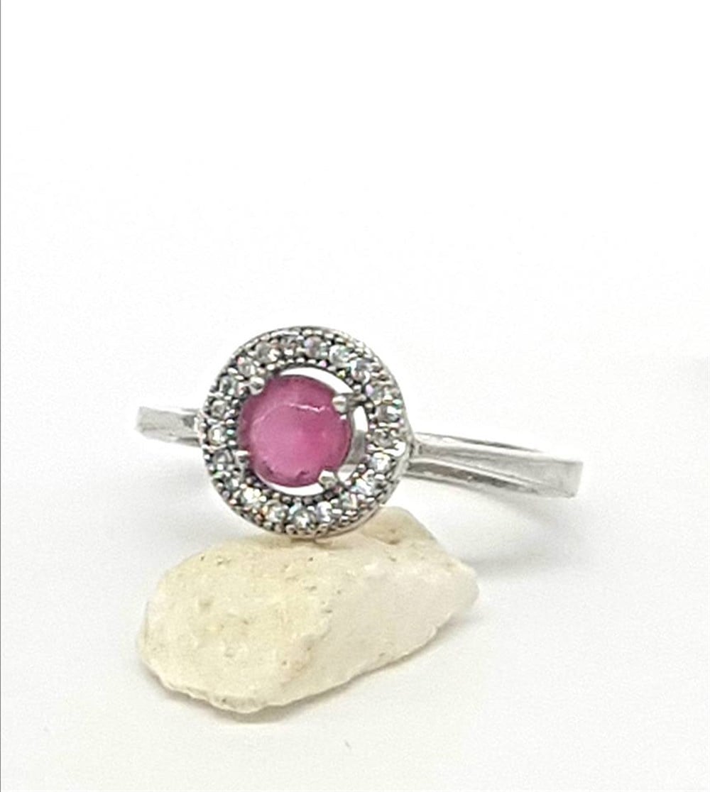 Pembe Taşlı Gümüş Çıtır Yüzük