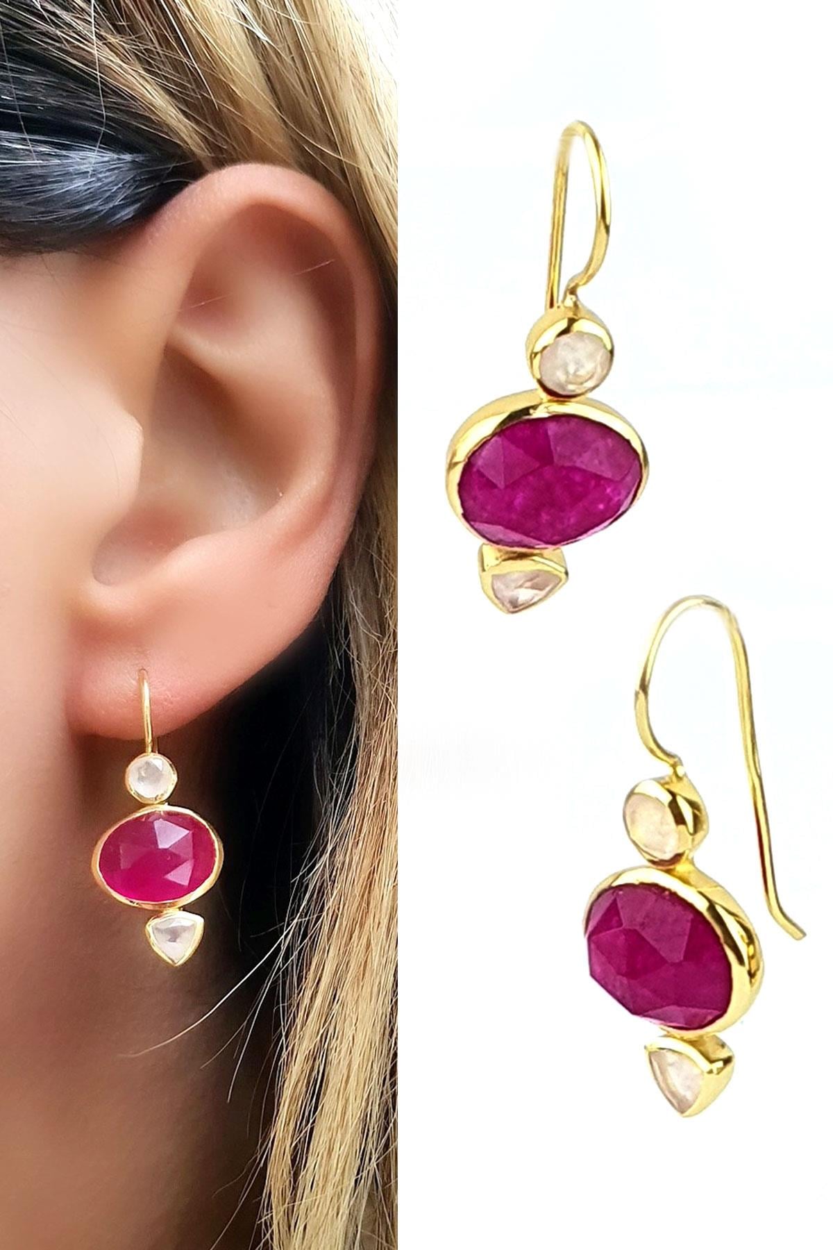 Pembe turmalin ve pembe kuvars Taşlı 925ayar Gümüş Üzerine Altın Kaplama Tasarım Küpe 