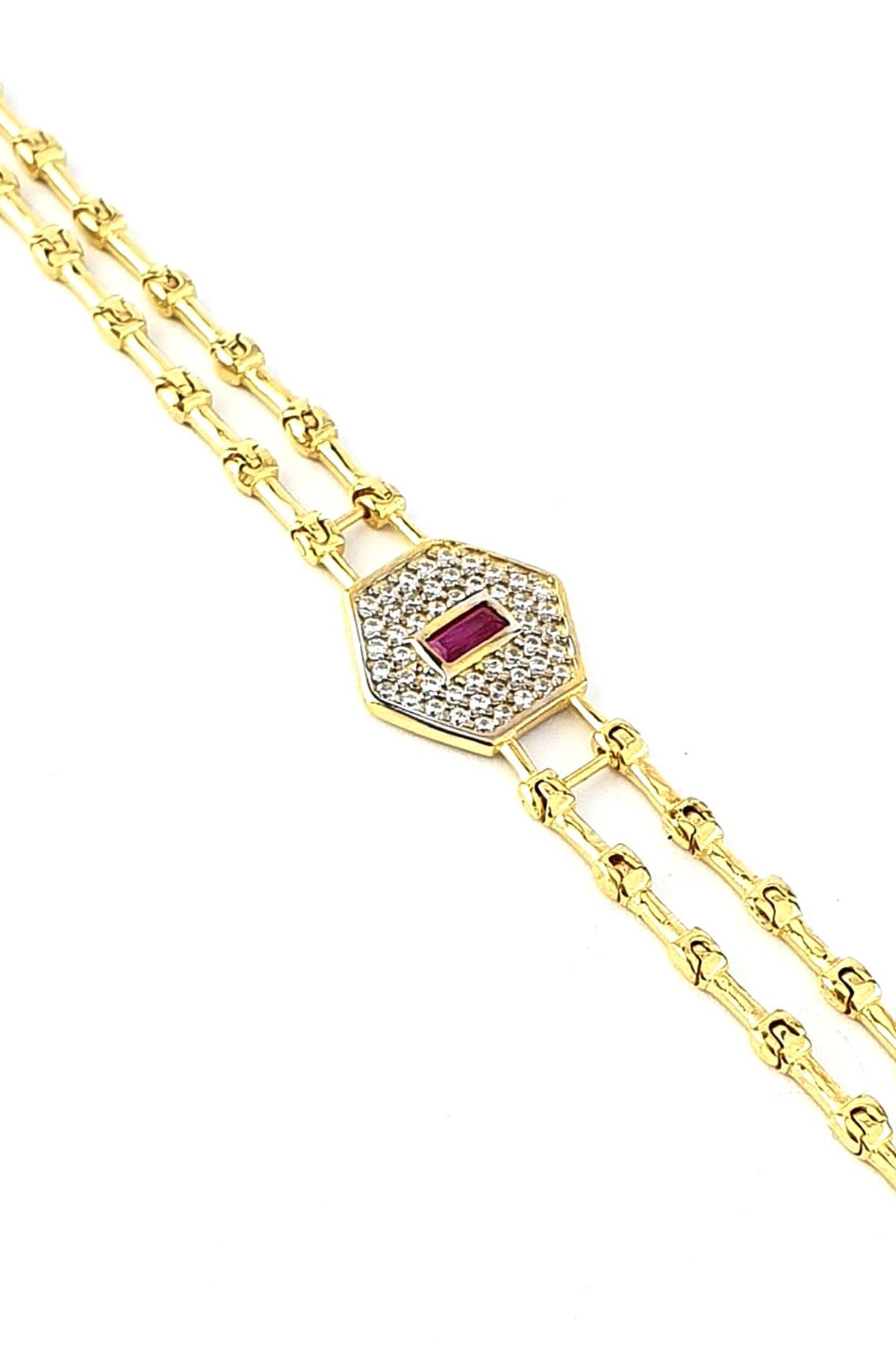 Pembe Zirkon Taşlı 925ayar Gümüş Üzerine Altın Kaplama Luxury Tasarım Şık Bileklik 