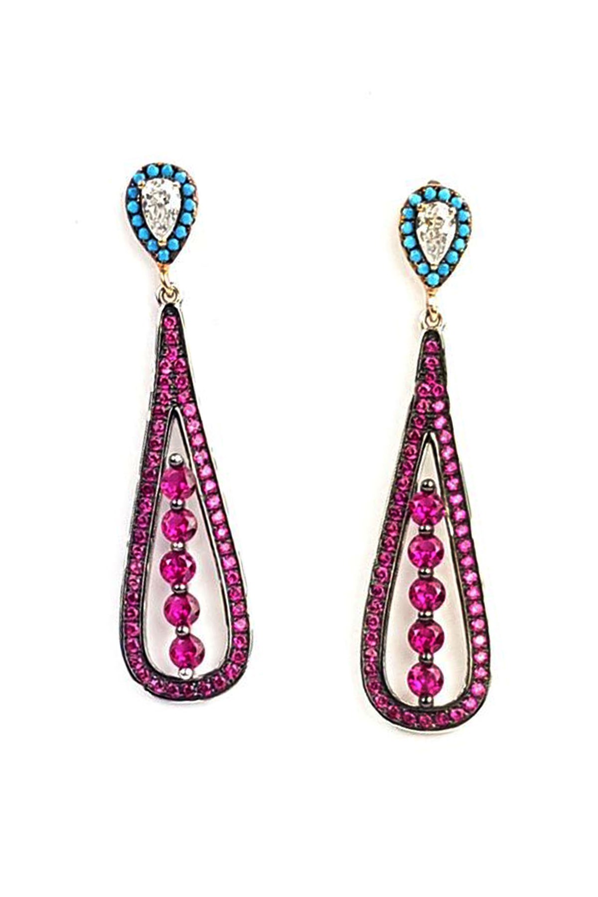 pembe zirkon ve turkuaz taşlı sallantılı lüks gümüş küpe
