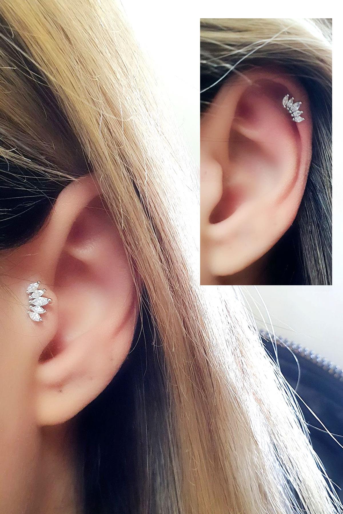 Pırlanta Parlaklığında Zirkon Taşlı 925ayar Gümüş Tragus Helix Kikirdak piercing