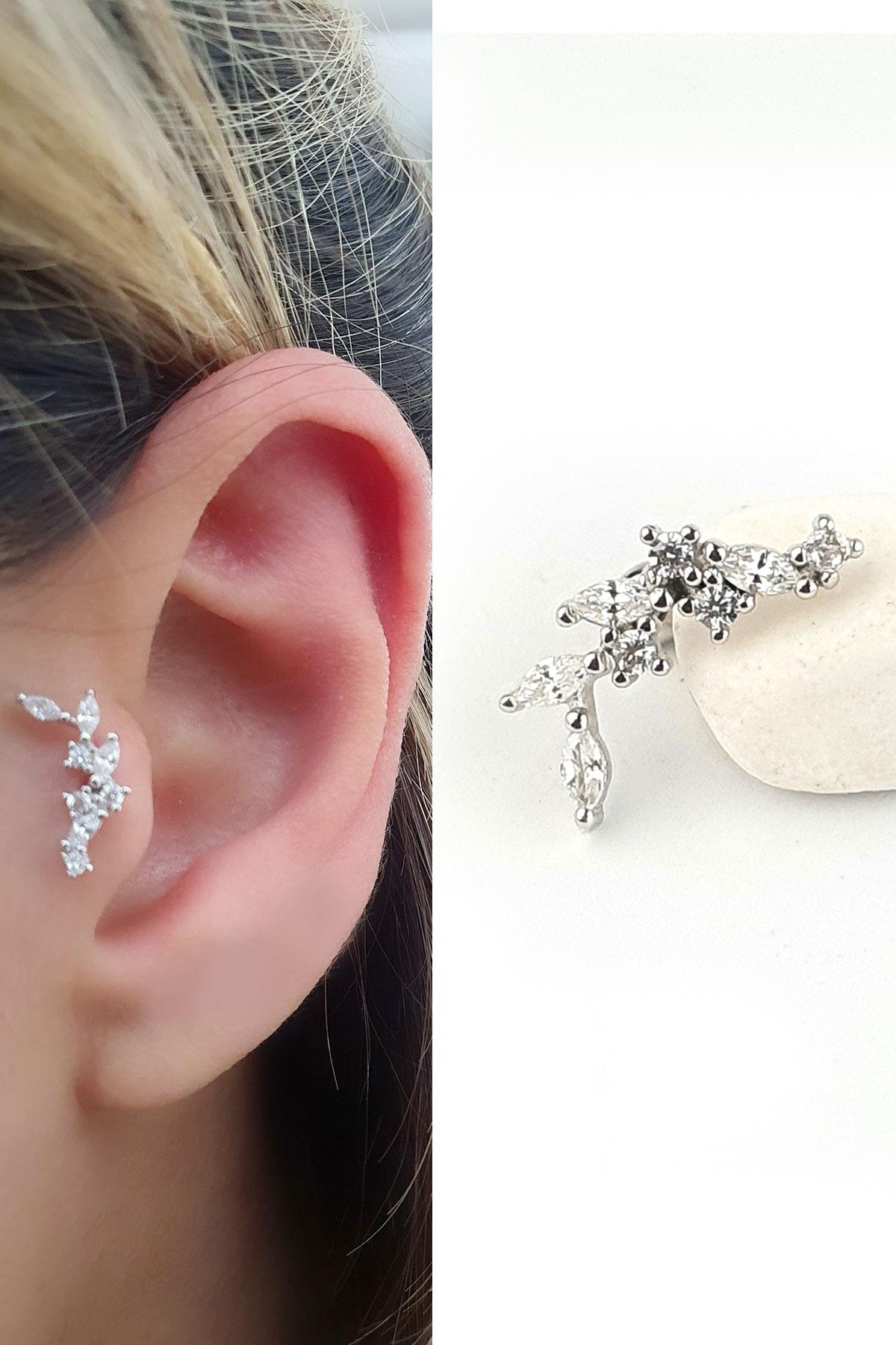 Pırlanta Parlaklığında Zirkon Taşlı 925ayar Gümüş Tragus Kıkırdak Helix Piercing 
