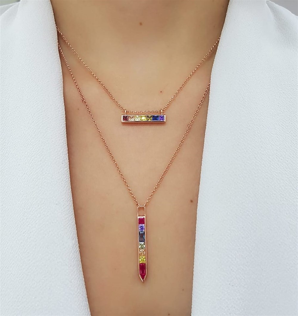 Renkli Swarovski Taşlı Ayarlanabilir Asansörlü Gümüş Kolye