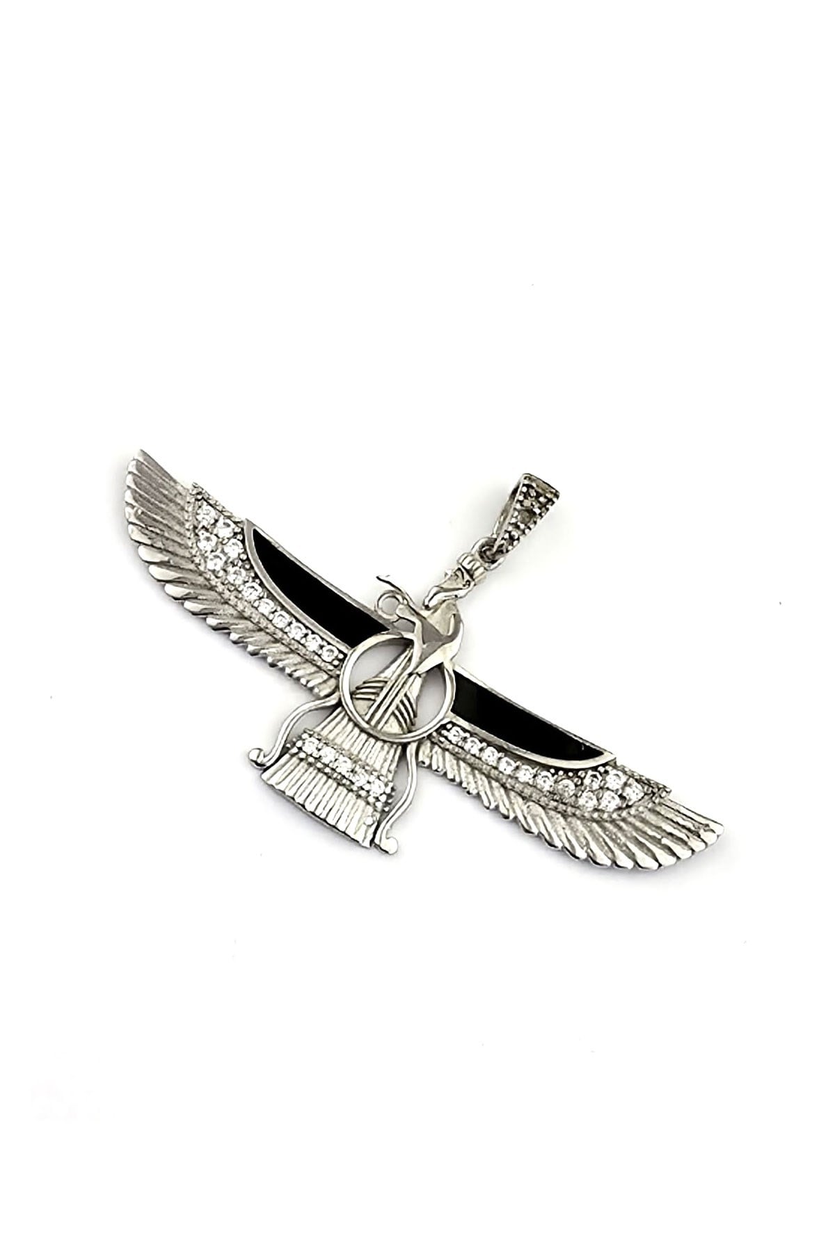 Siyah Mineli Ahura Mazda (Faravahar) Figürlü 925 Ayar Gümüş Kolye Ucu