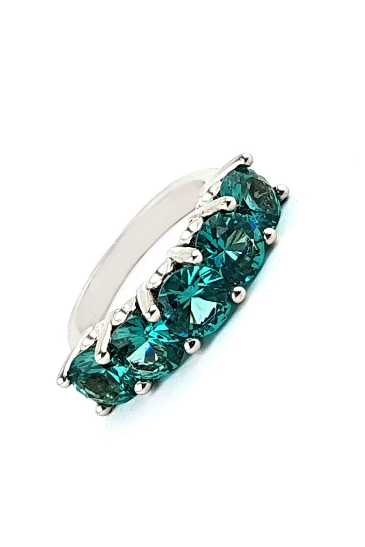 Sky Diamond Blue Aquamarin Taşlı 925 ayar Gümüş Beş Taş Yüzük
