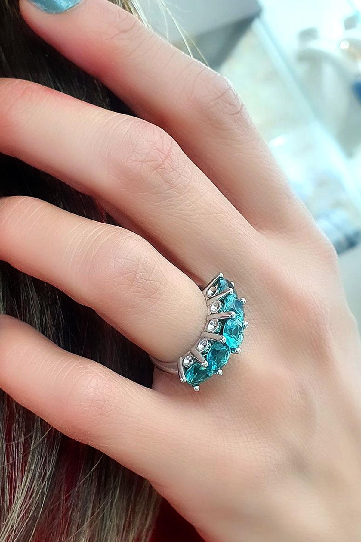 Sky Diamond Blue Aquamarin Taşlı 925 ayar Gümüş Beş Taş Yüzük