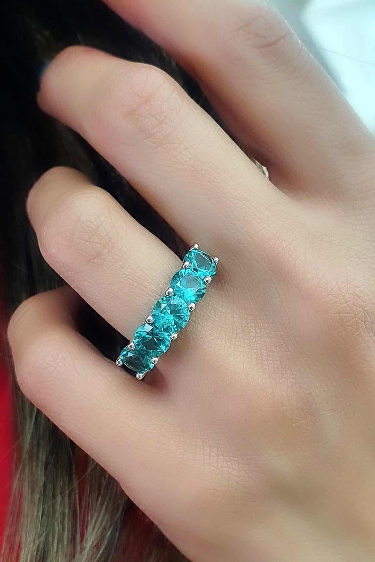 Sky Diamond Blue Aquamarin Taşlı 925 ayar Gümüş Beş Taş Yüzük