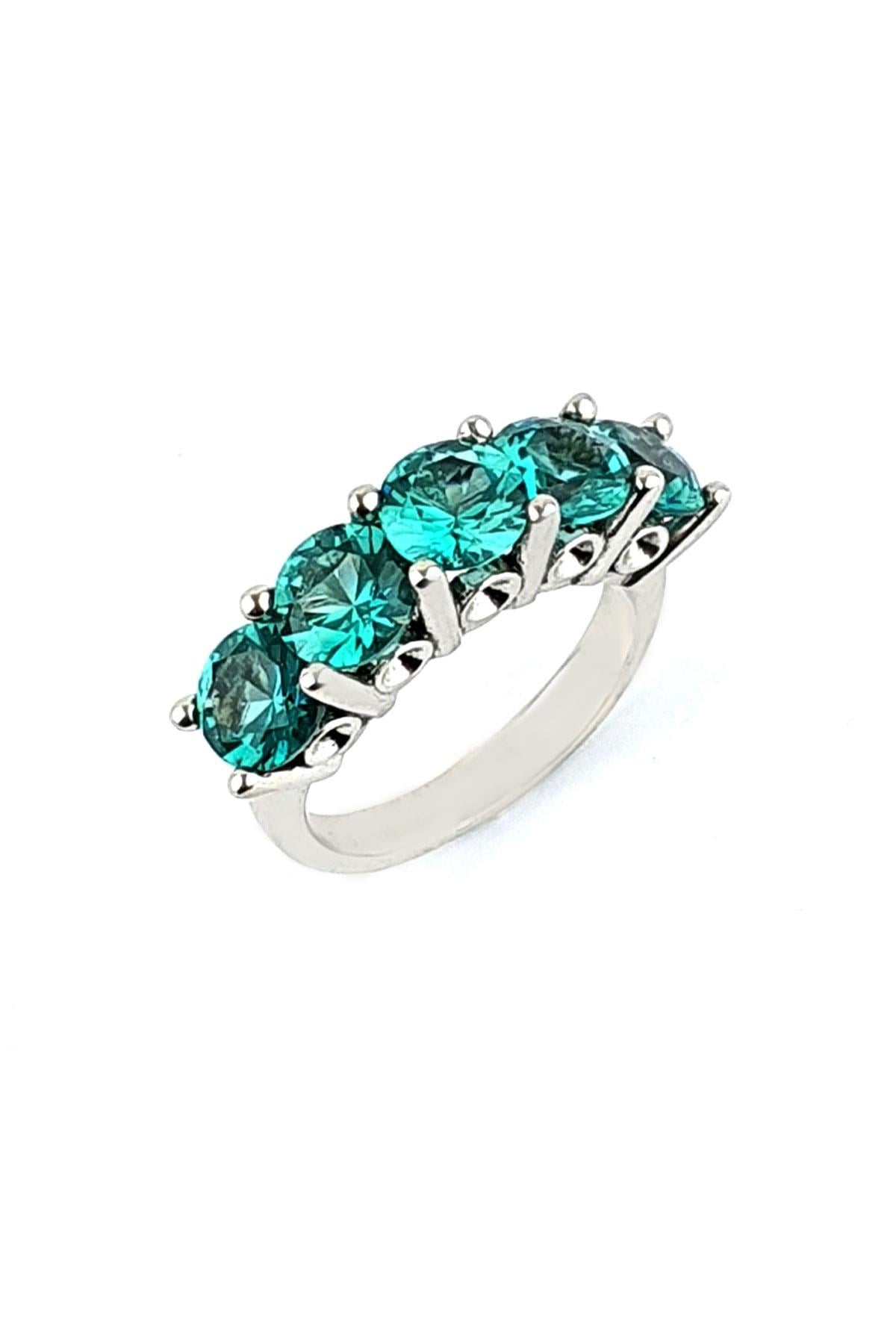 Sky Diamond Blue Aquamarin Taşlı 925 ayar Gümüş Beş Taş Yüzük