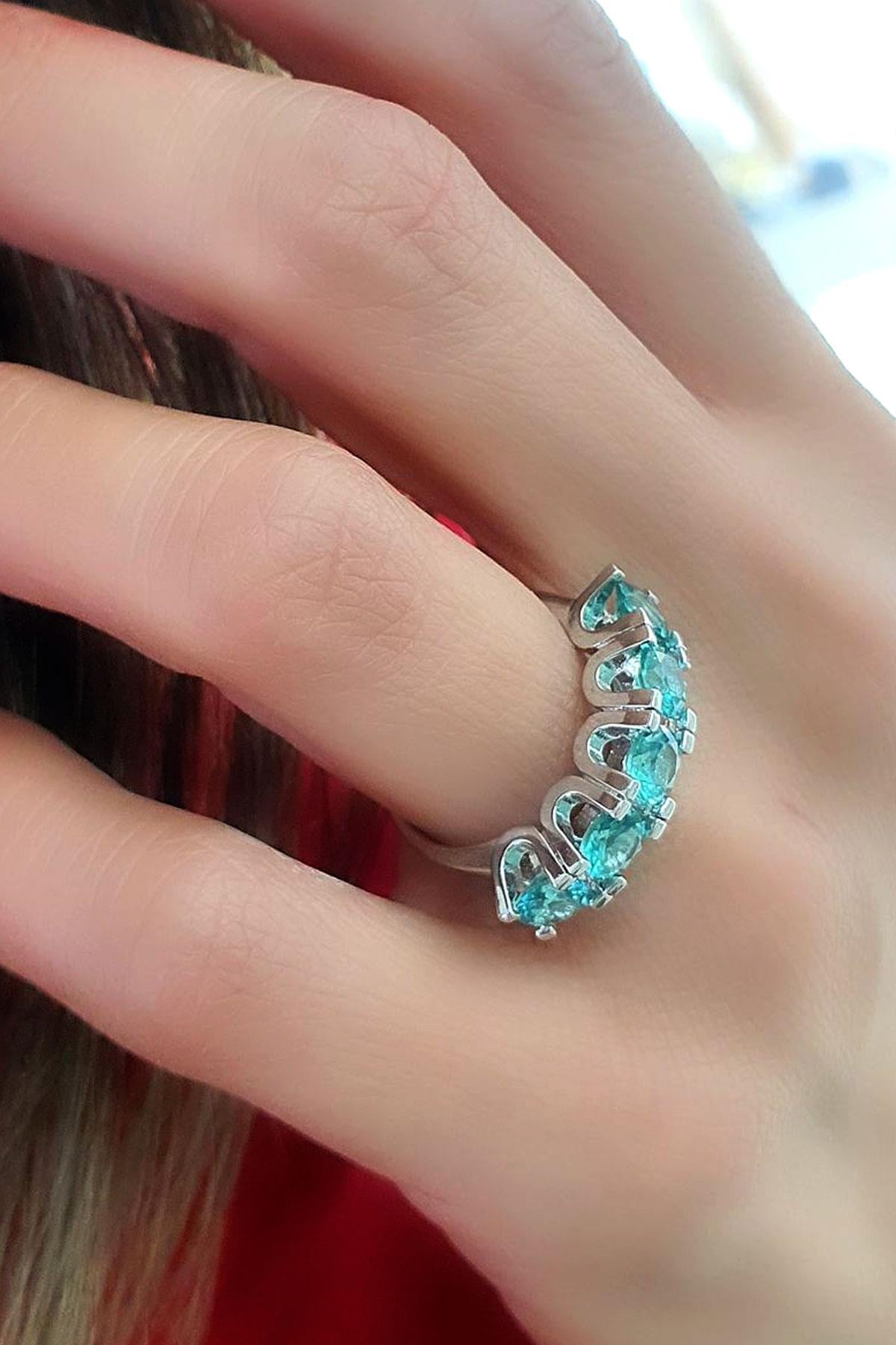 Sky Diamond Blue Aquamarin Taşlı 925 ayar Gümüş Beş Taş Yüzük
