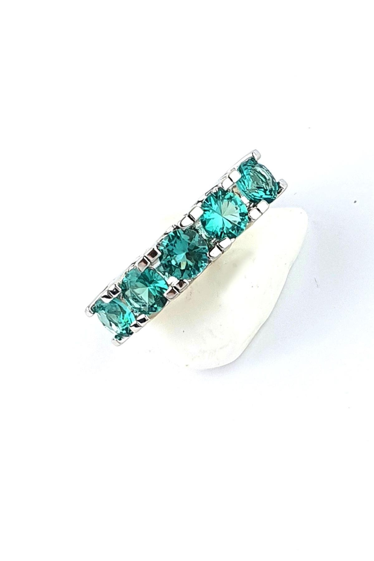Sky Diamond Blue Aquamarin Taşlı 925 ayar Gümüş Beş Taş Yüzük