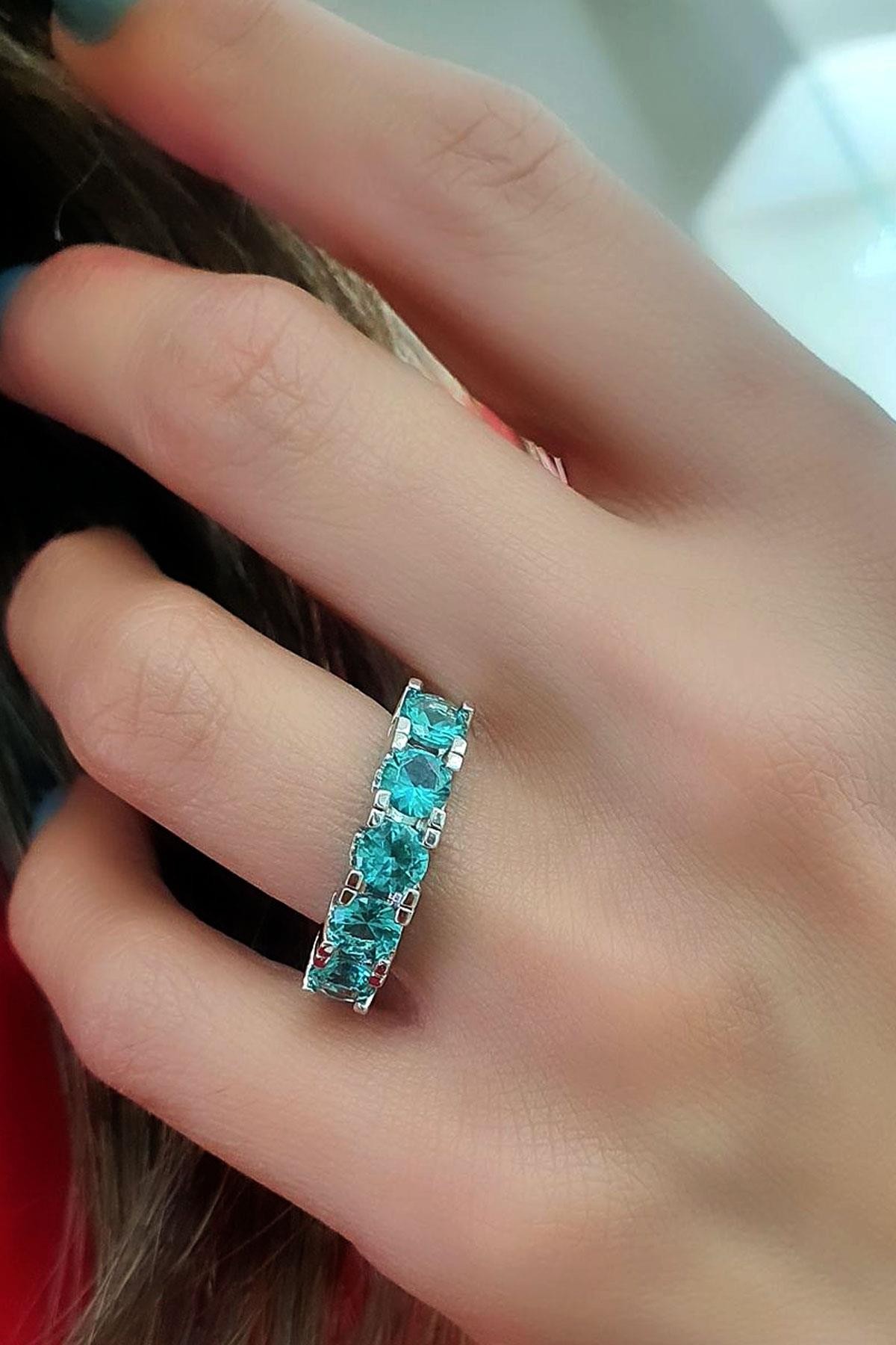 Sky Diamond Blue Aquamarin Taşlı 925 ayar Gümüş Beş Taş Yüzük