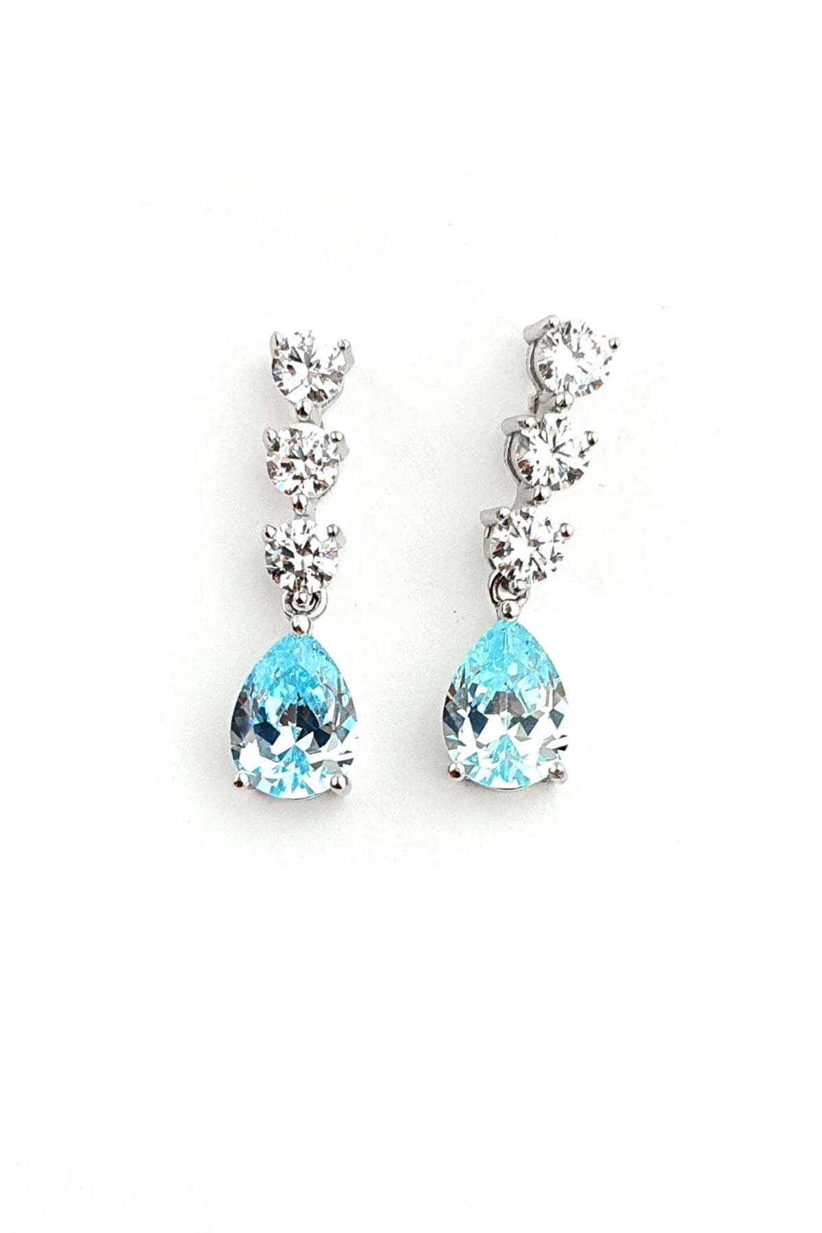 Sky Diamond Blue Aquamarin Taşlı 925ayar Gümüş Üzerine Altın Kaplama damla küpe