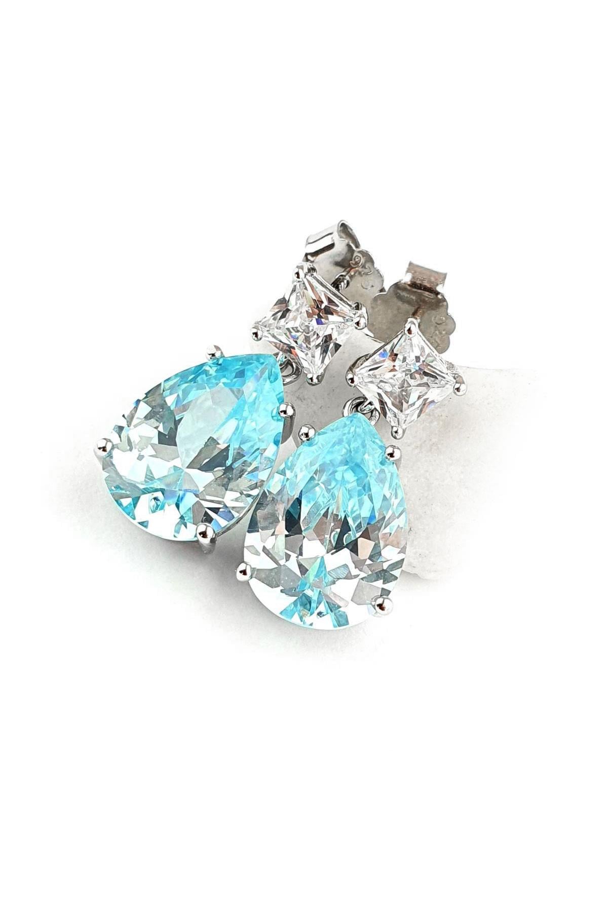 Sky Diamond Blue Aquamarin Taşlı 925ayar Gümüş Üzerine Altın Kaplama damla küpe