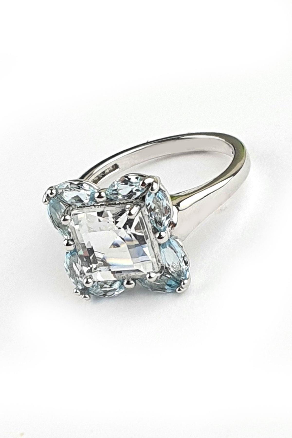 Sky Diamond Blue Aquamarin Taşlı 925ayar gümüş üzerine beyaz altın kaplama lüks yüzük 
