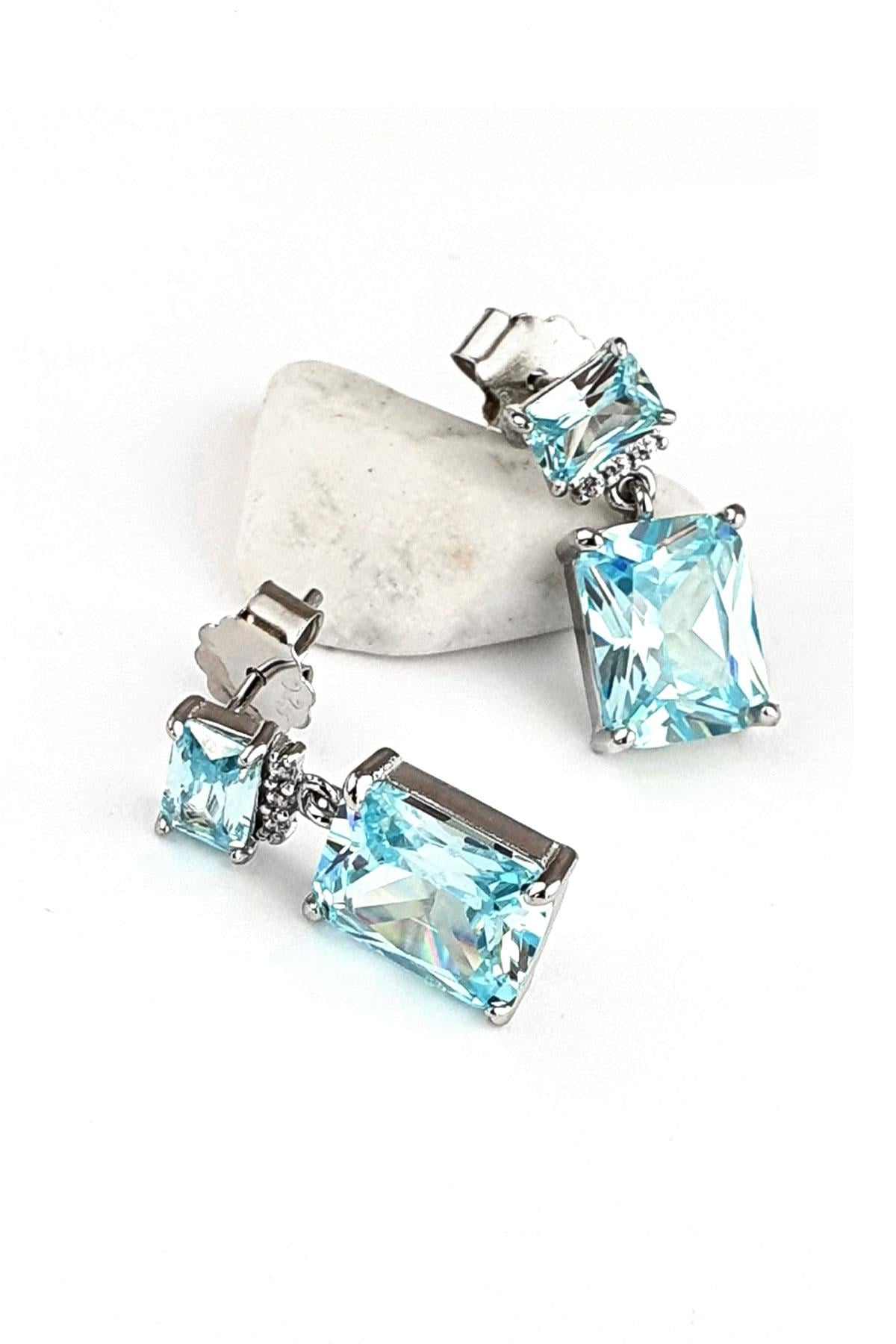Sky Diamond blue aquamarin Taşlı 925ayar Gümüş Üzerine Altın Kaplama küpe 