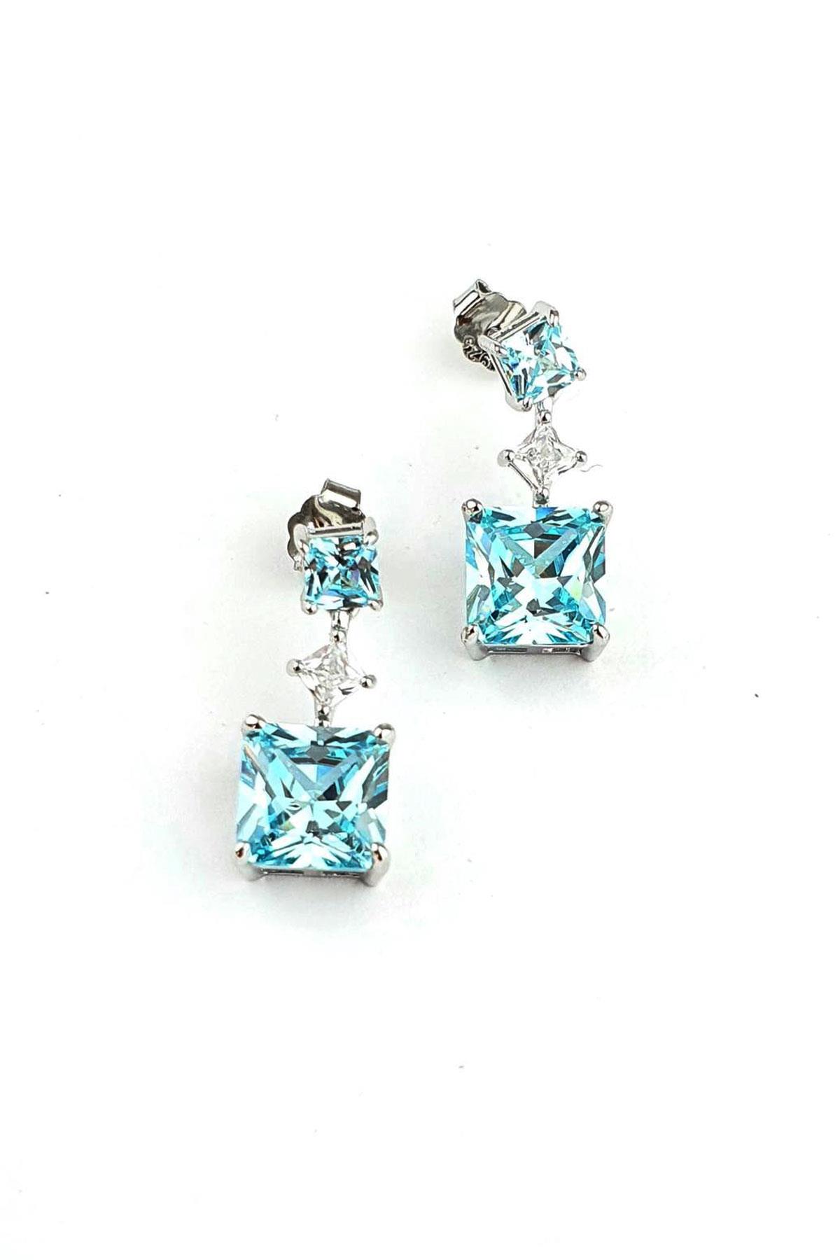 Sky Diamond Blue Aquamarin Taşlı 925ayar Gümüş Üzerine Altın Kaplama küpe 