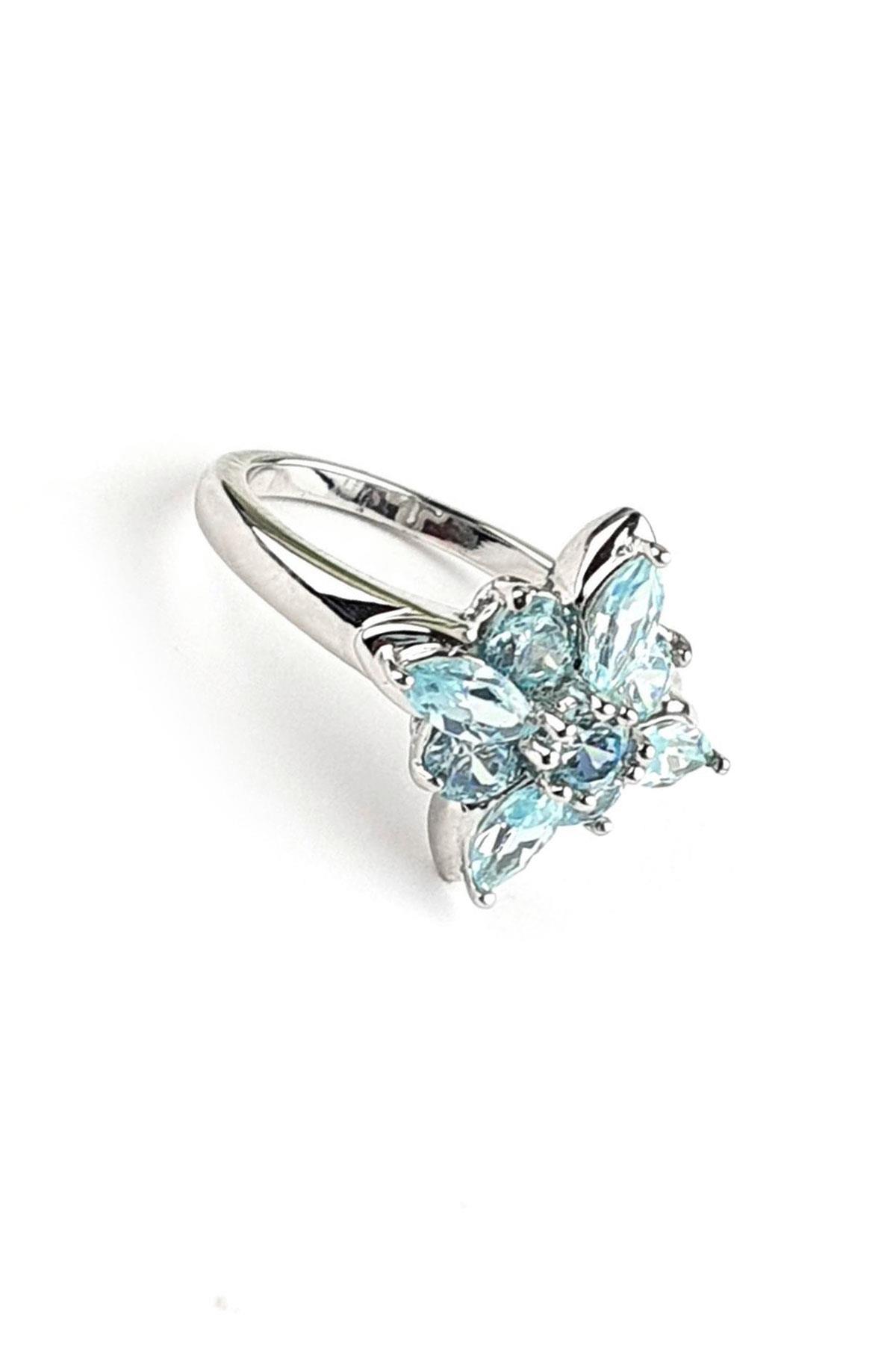 Sky Diamond Blue Aquamarin Taşlı 925ayar gümüş üzerine beyaz altın kaplama lüks yüzük 