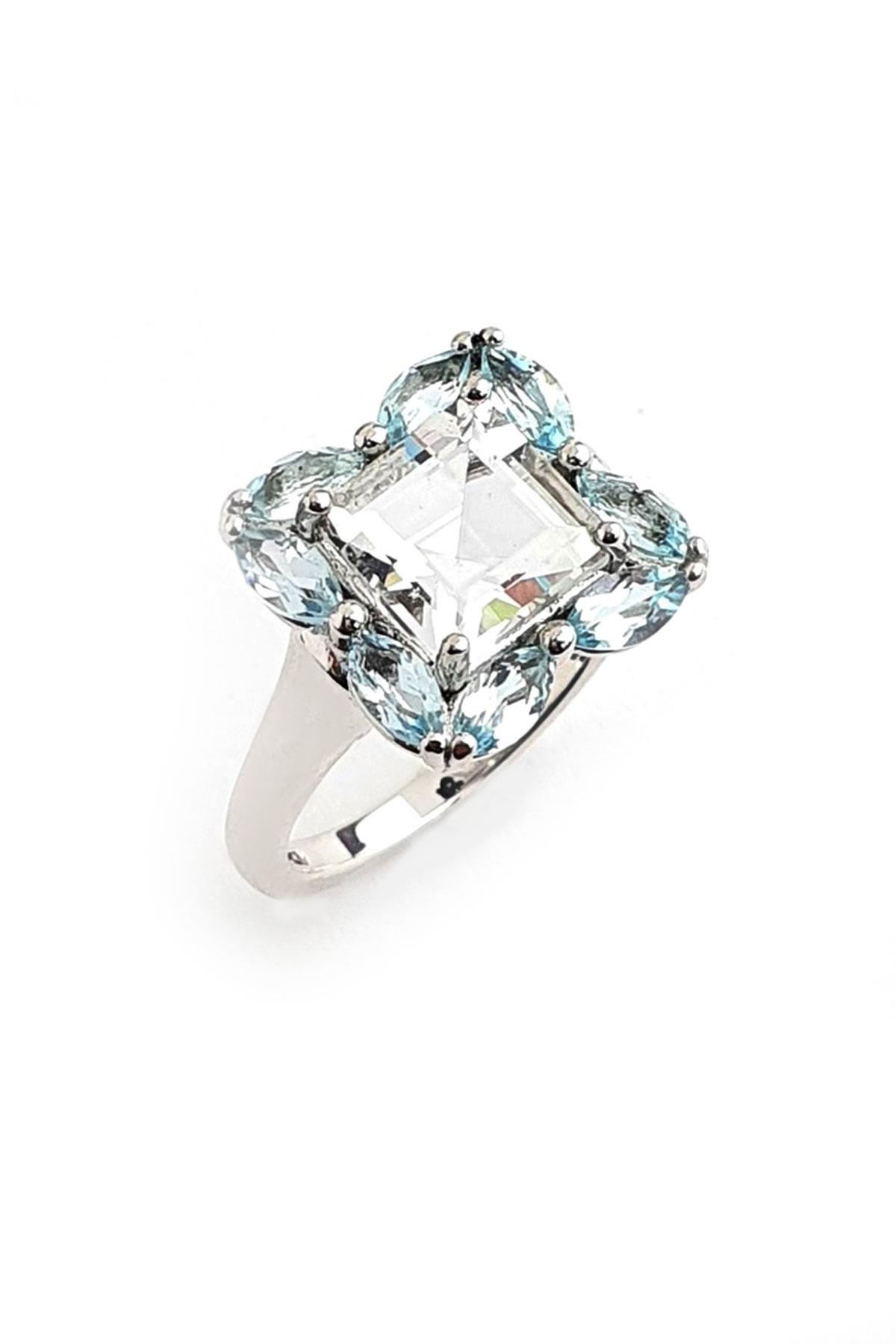Sky Diamond Blue Aquamarin Taşlı 925ayar gümüş üzerine beyaz altın kaplama lüks yüzük 