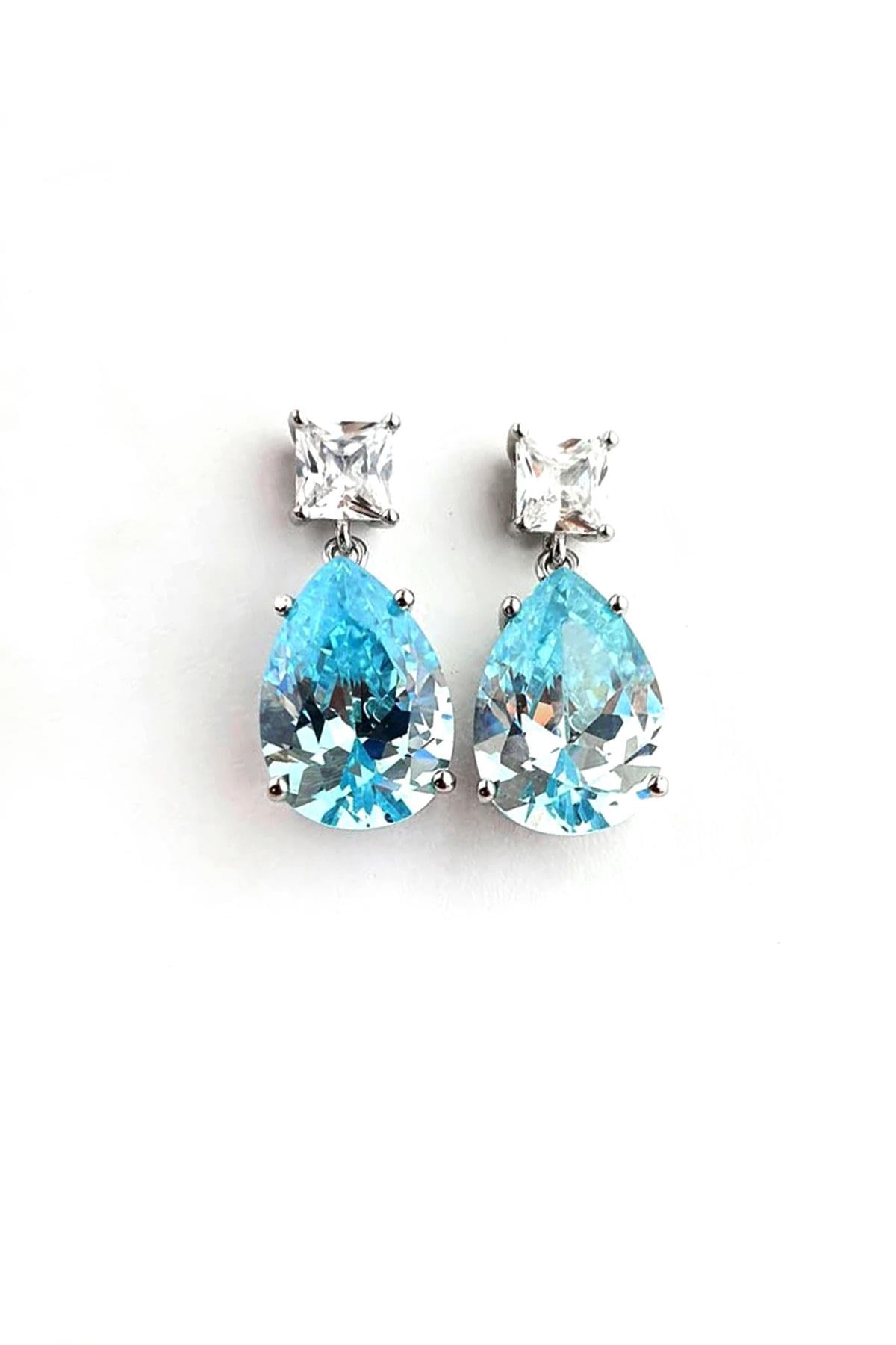Sky Diamond Blue Aquamarin Taşlı 925ayar Gümüş Üzerine Altın Kaplama damla küpe