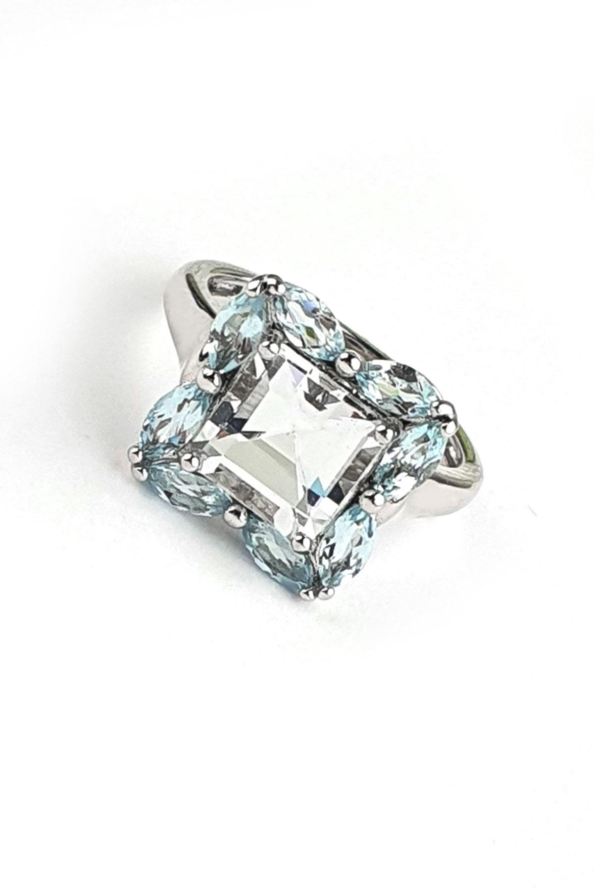 Sky Diamond Blue Aquamarin Taşlı 925ayar gümüş üzerine beyaz altın kaplama lüks yüzük 