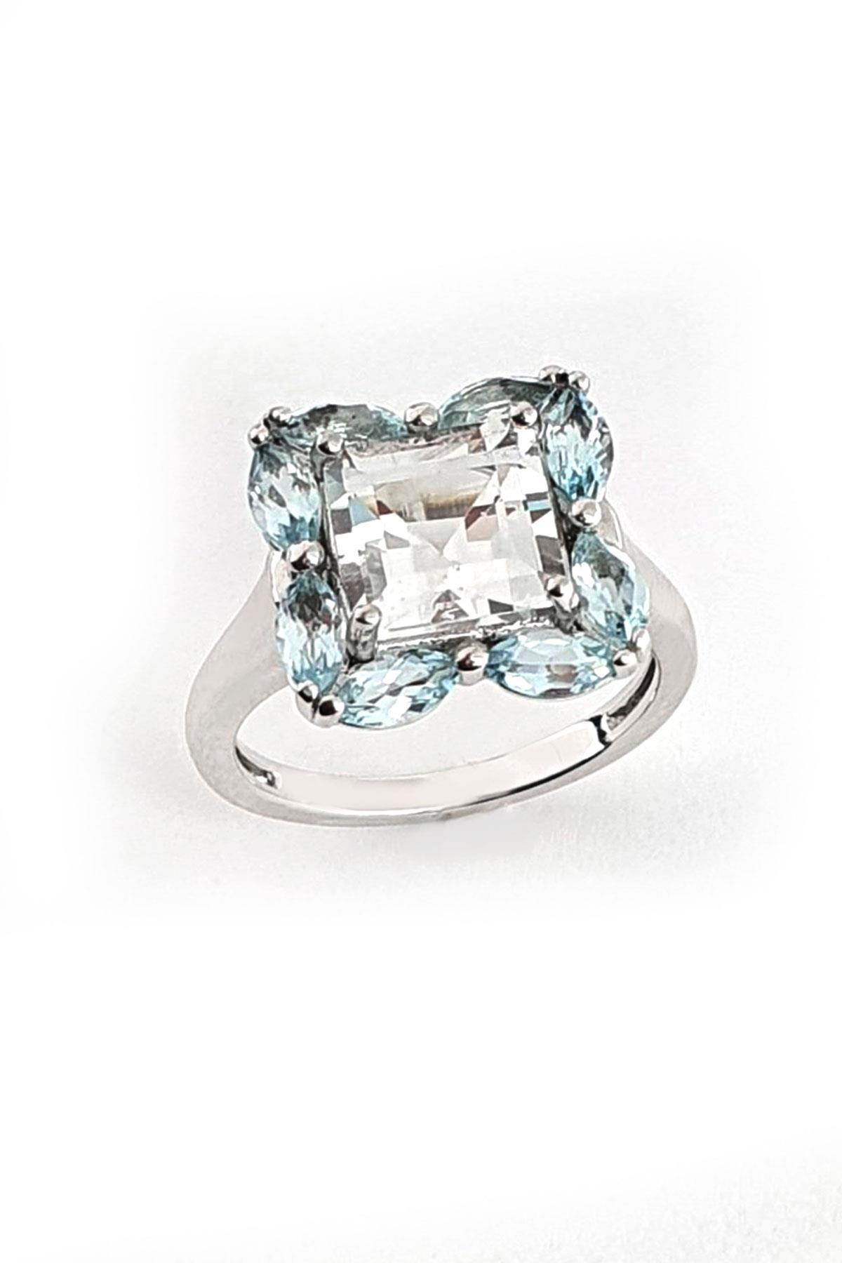 Sky Diamond Blue Aquamarin Taşlı 925ayar gümüş üzerine beyaz altın kaplama lüks yüzük 