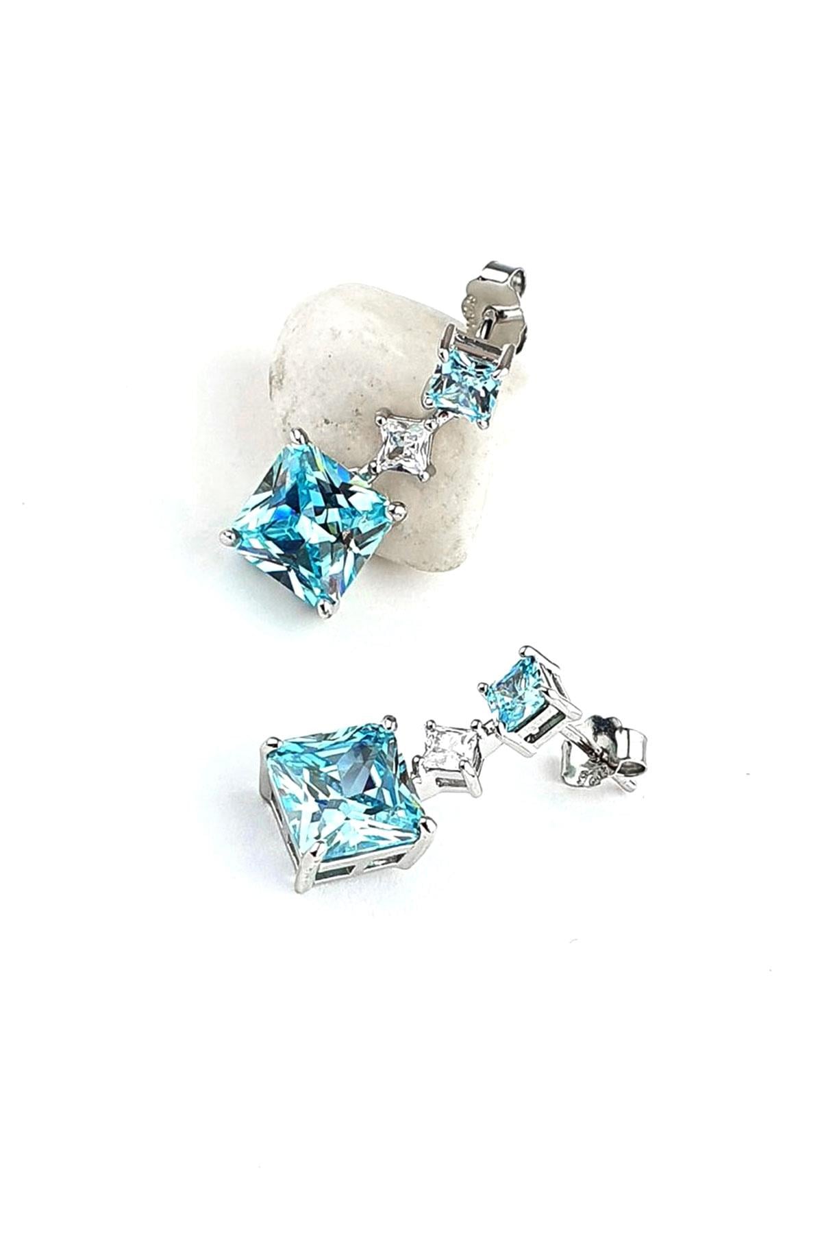 Sky Diamond Blue Aquamarin Taşlı 925ayar Gümüş Üzerine Altın Kaplama küpe 