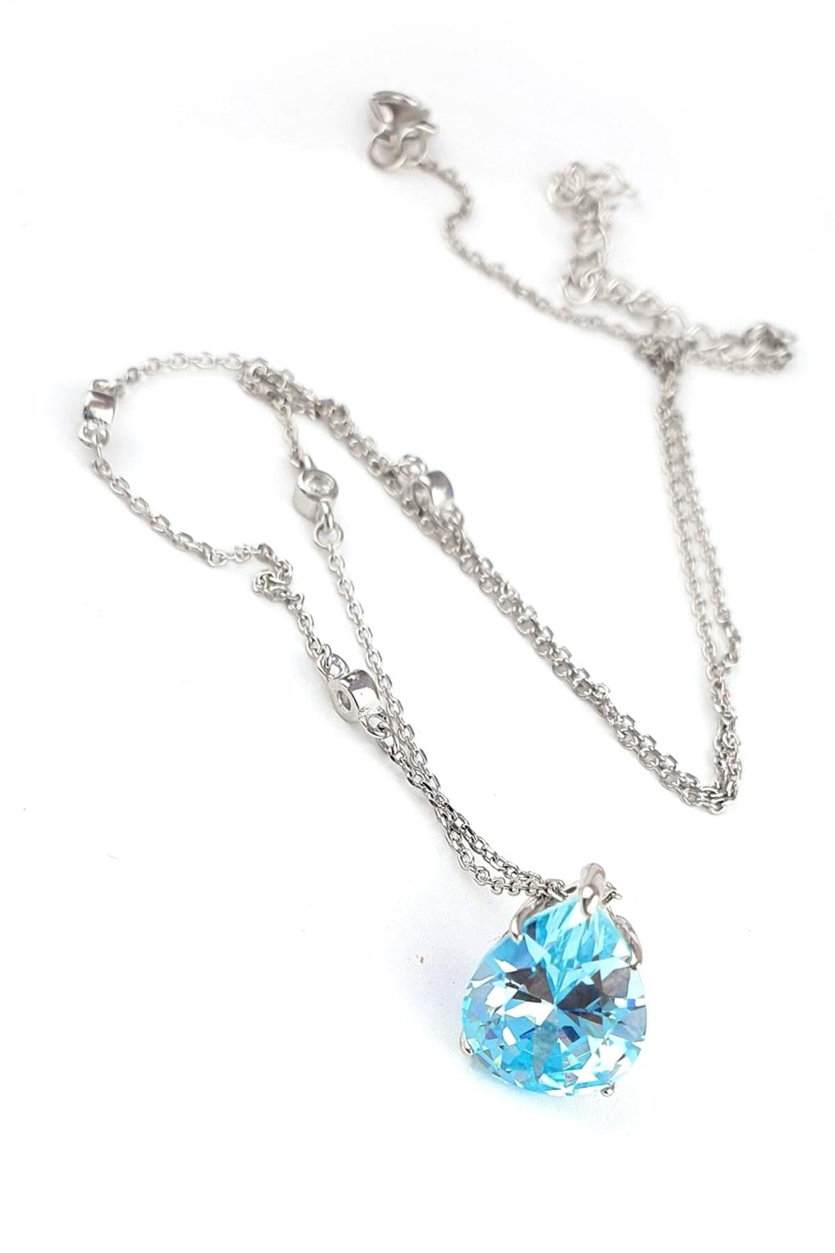 Sky Diamond Blue Aquamarin Taşlı zinciri Zirkon Taş Detaylı 925ayar Gümüş Üzerine Altın Kaplama Damla Kolye