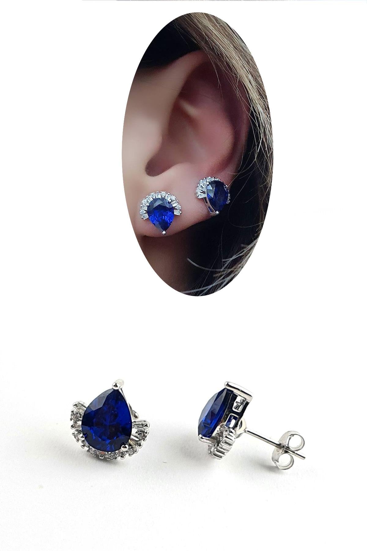 Sky Diamond Blue Creative Sapphire 925ayar Gümüş Üzerine Beyaz Altın Kaplama Damla Küpe