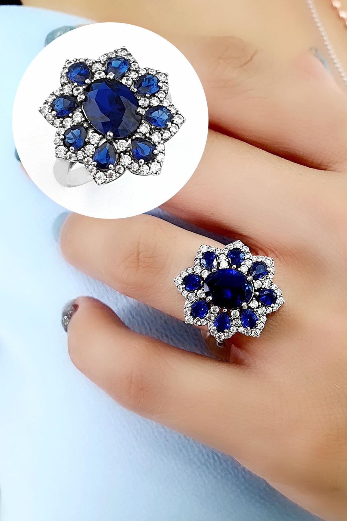 Sky Diamond Blue Creative Sapphire 925ayar Gümüş Üzerine Beyaz Altın Kaplama Tasarım Yüzük